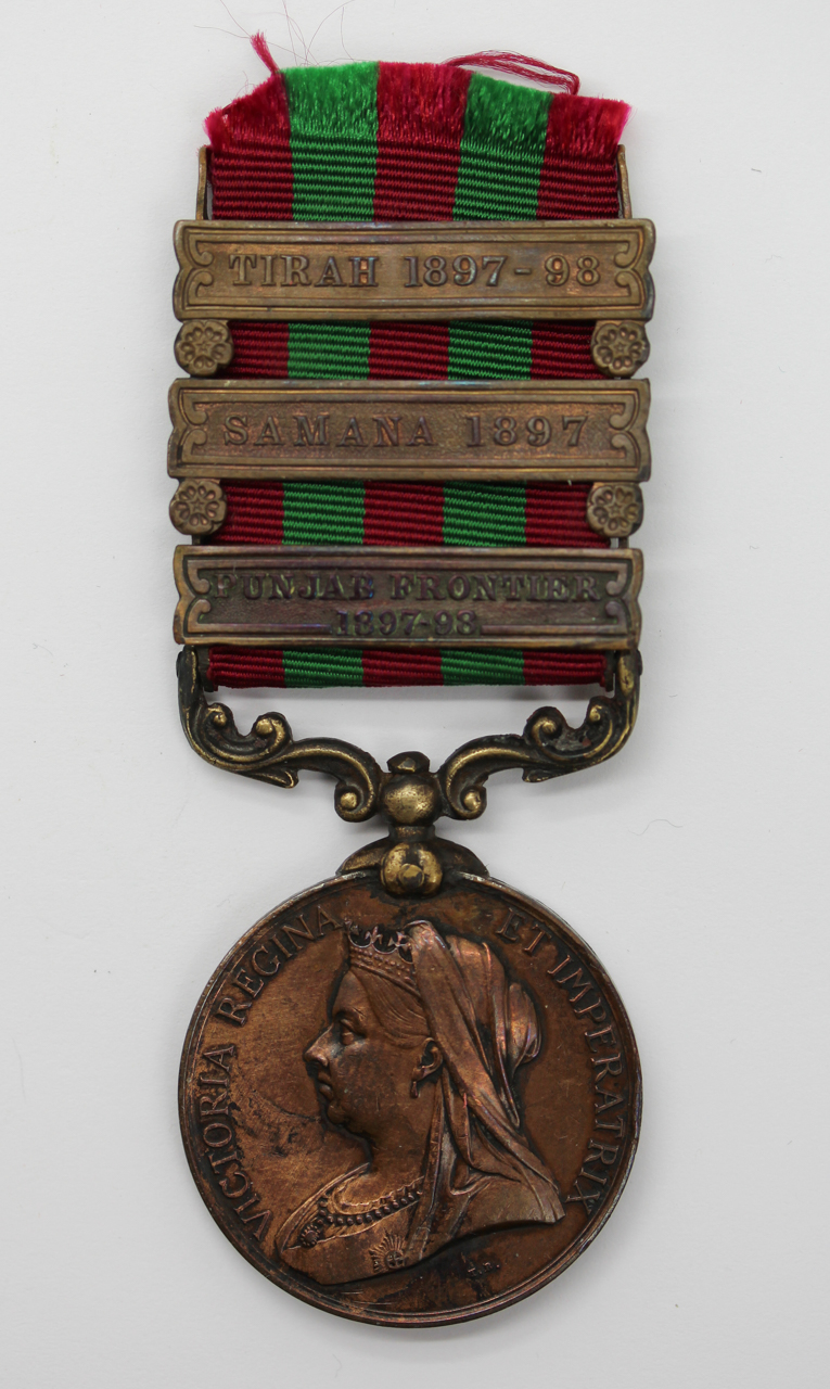1895 India General Service Medal (Bronze) (Clasps - Punjab Frontier 1897-98, Samana 1897, Tirah 1897-98) - Daffdr. Nur Mohamed, Construction Transport Department