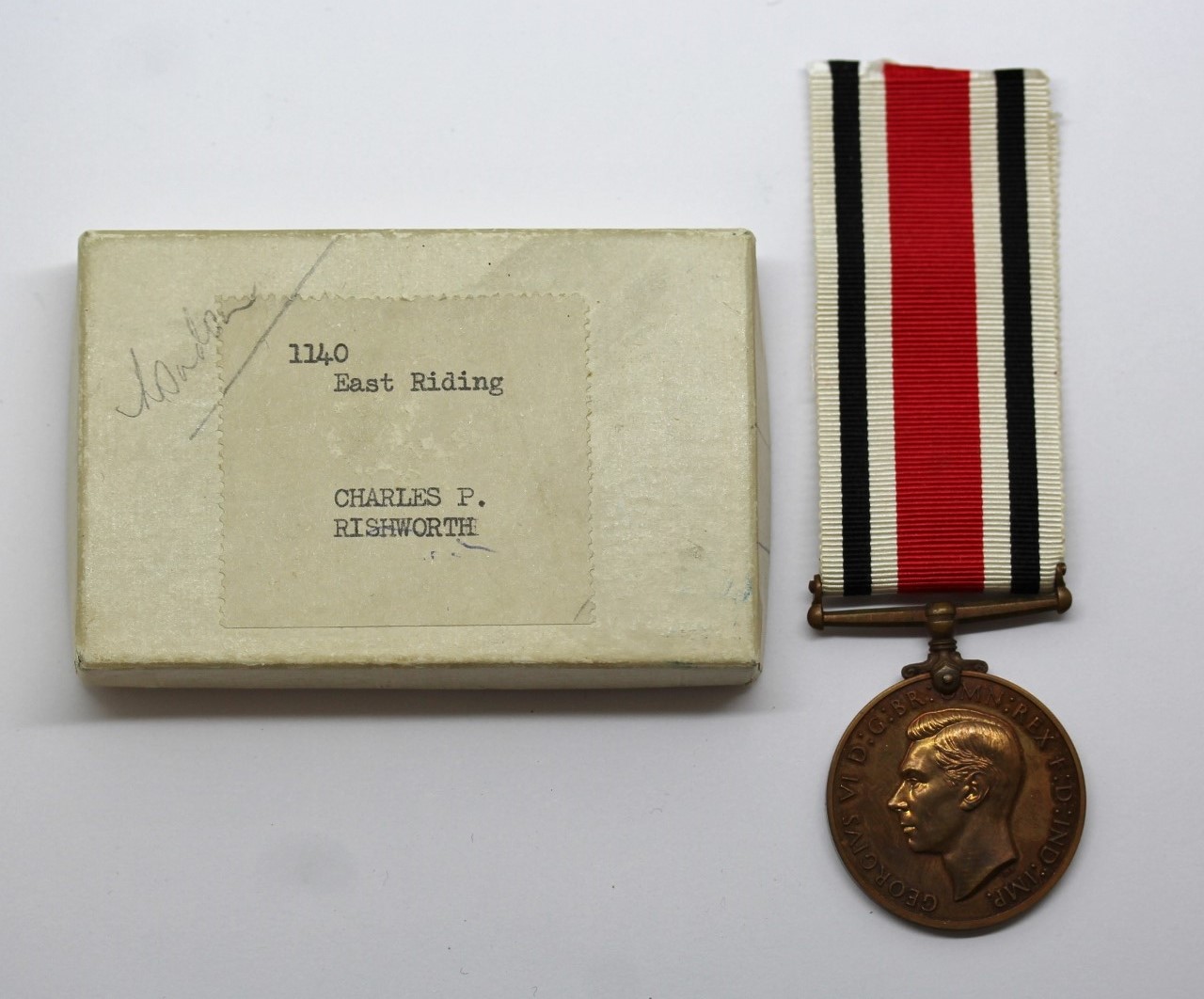 George VI Special Constabulary Long Service Medal in Box - Charles P. Rishworth, East Riding of Yorkshire Constabulary