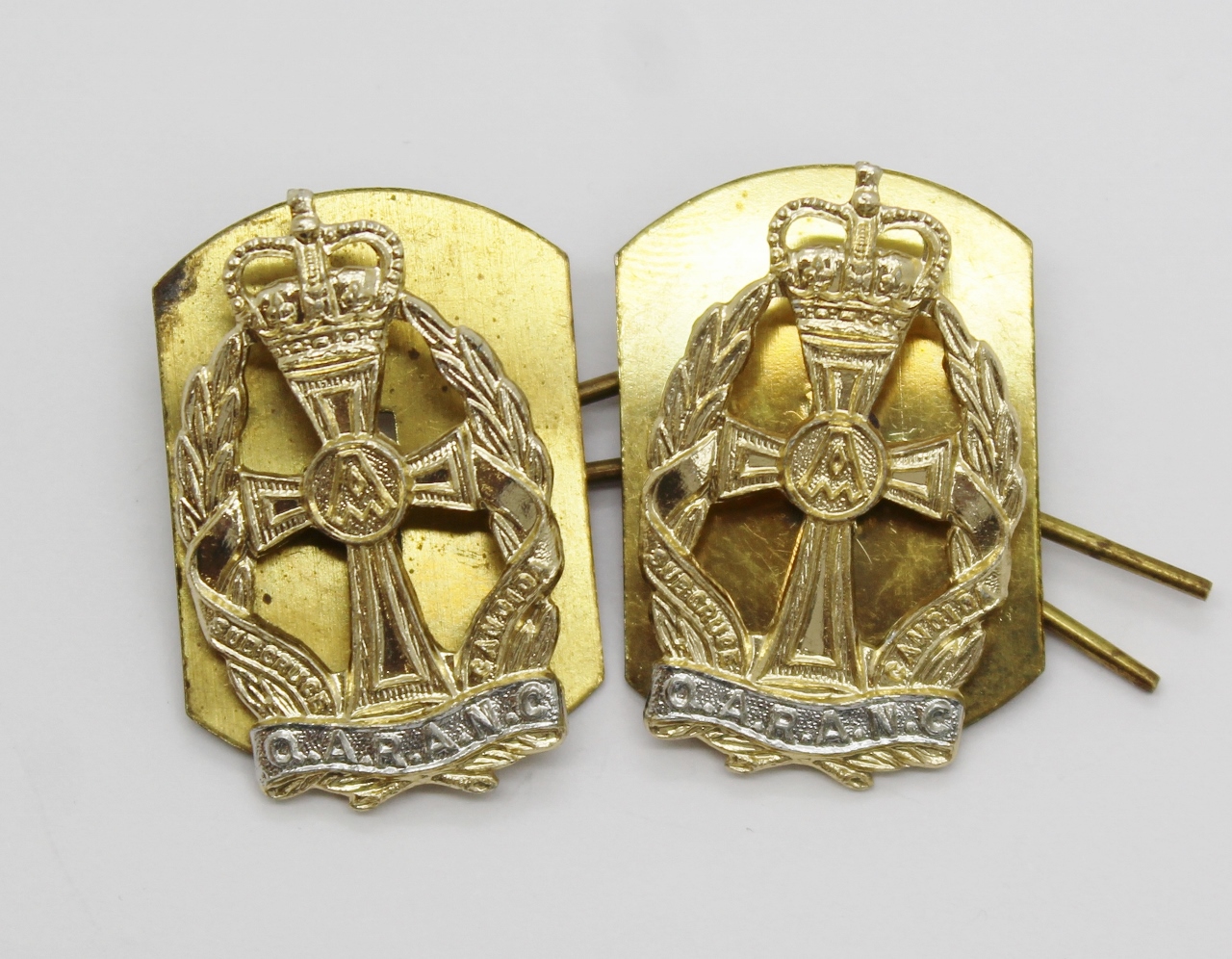 Pair of Queen Alexandra's Royal Army Nursing Corps (Q.A.R.A.N.C.) Anodised (Staybrite) Collar Badges