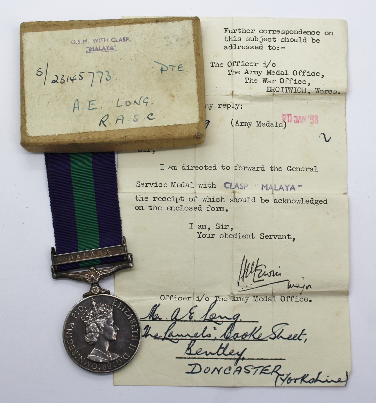 General Service Medal (Clasp - Malaya) - Pte. A.E. Long, Royal Army Service Corps