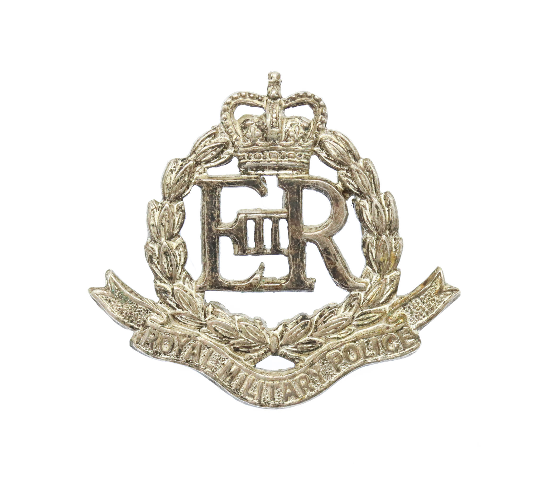 Royal Military Police Officer's Silvered Collar Badge - Queen's Crown