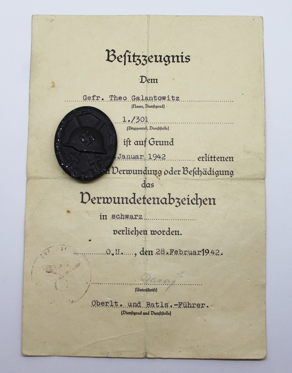 German WW2 Wound Badge (Black) with Award Certficate - Gefr. Theo Galantowitz