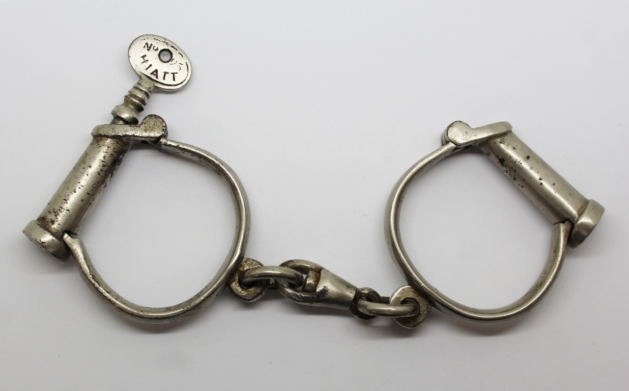 Early Hiatt Best Warranted Wrought 'Darby' Style Police Handcuffs with Key