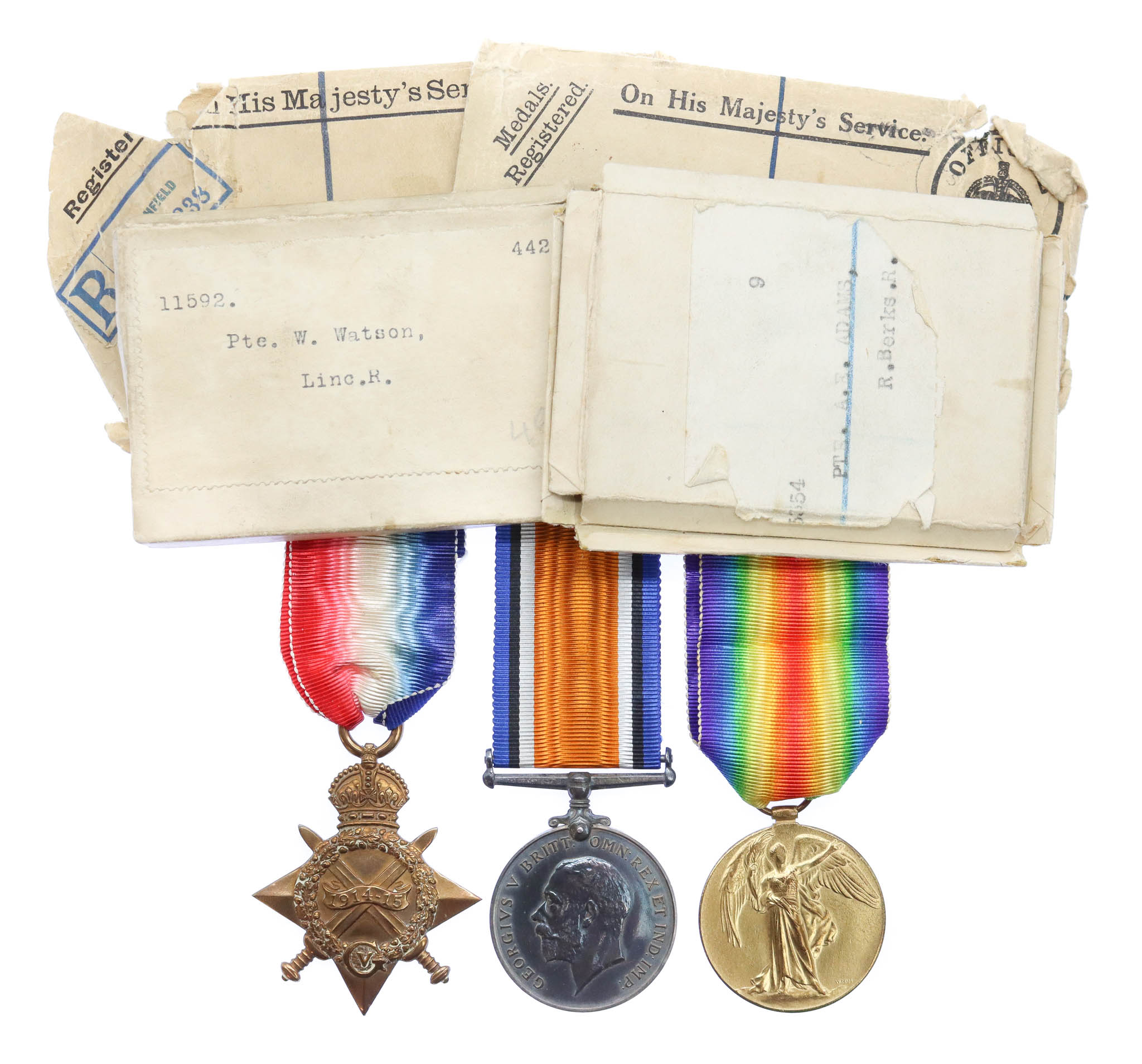 WW1 1914-15 Star Medal Trio - Pte. W. Watson, 8th Bn. Lincolnshire Regiment