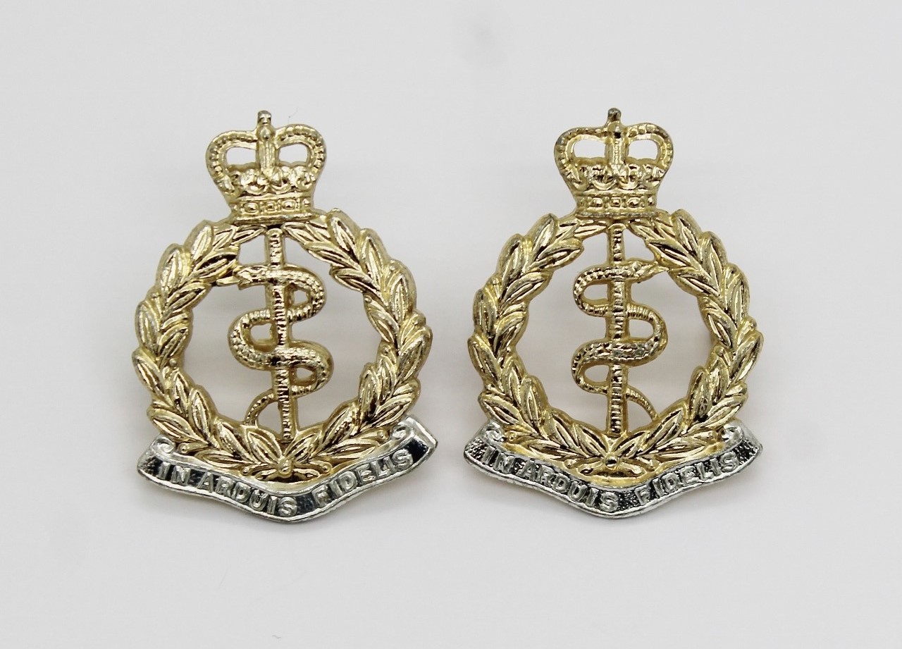 Pair of Royal Army Medical Corps (R.A.M.C.) Anodised (Staybrite) Collar Badges