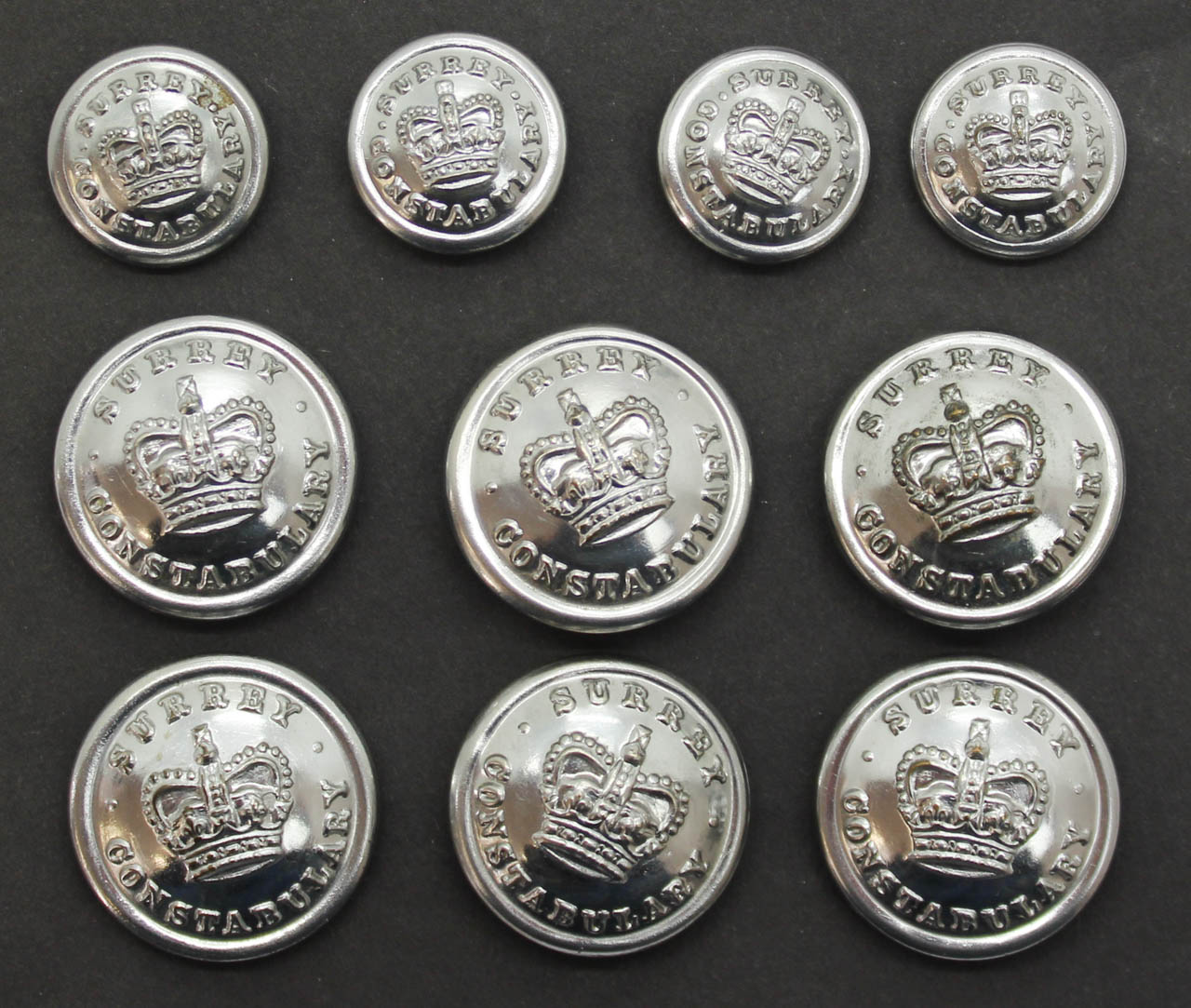 Set of 10 Surrey Constabulary Buttons - Queen's Crown