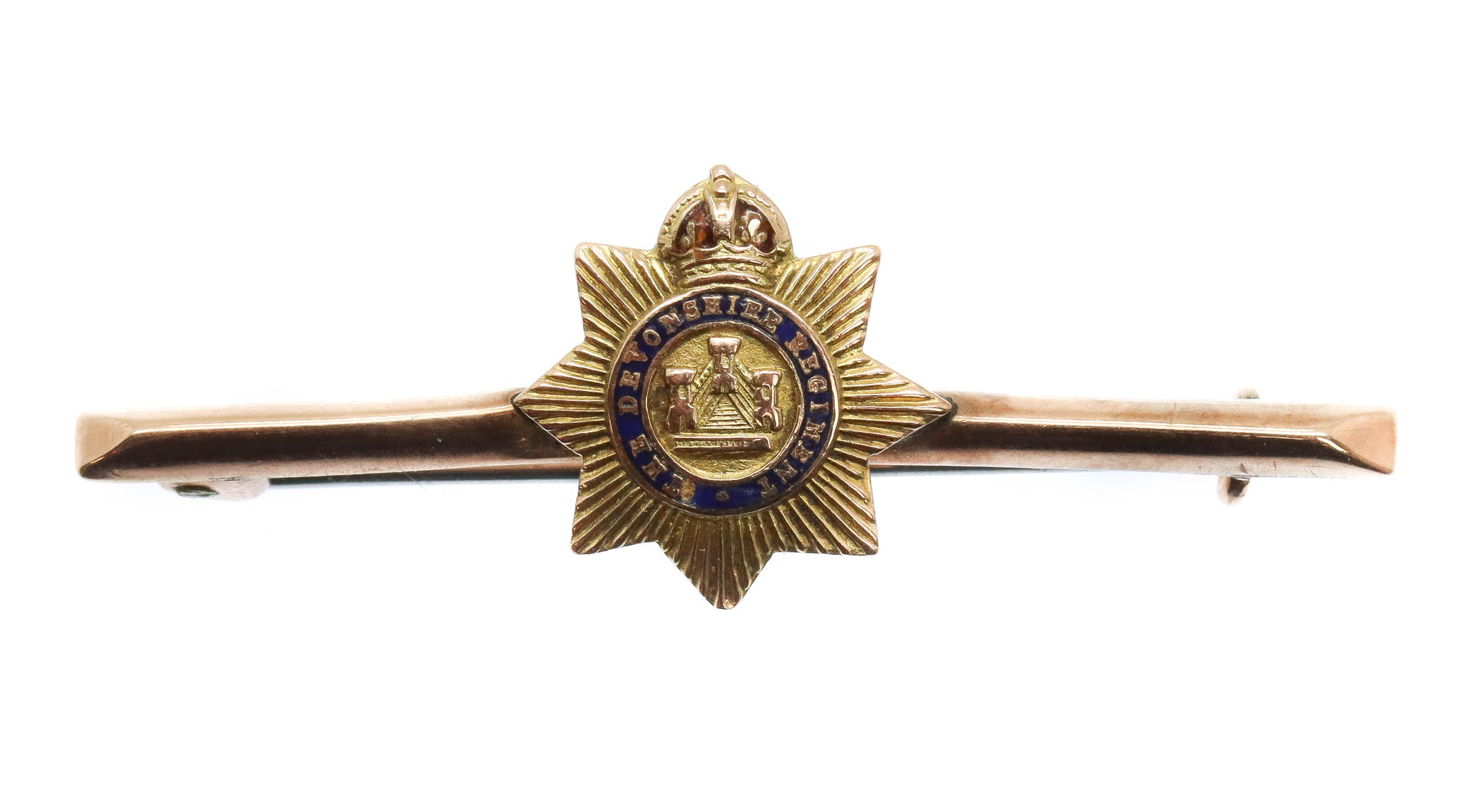 Devonshire Regiment 9ct Gold & Enamel Sweetheart Brooch - King's Crown