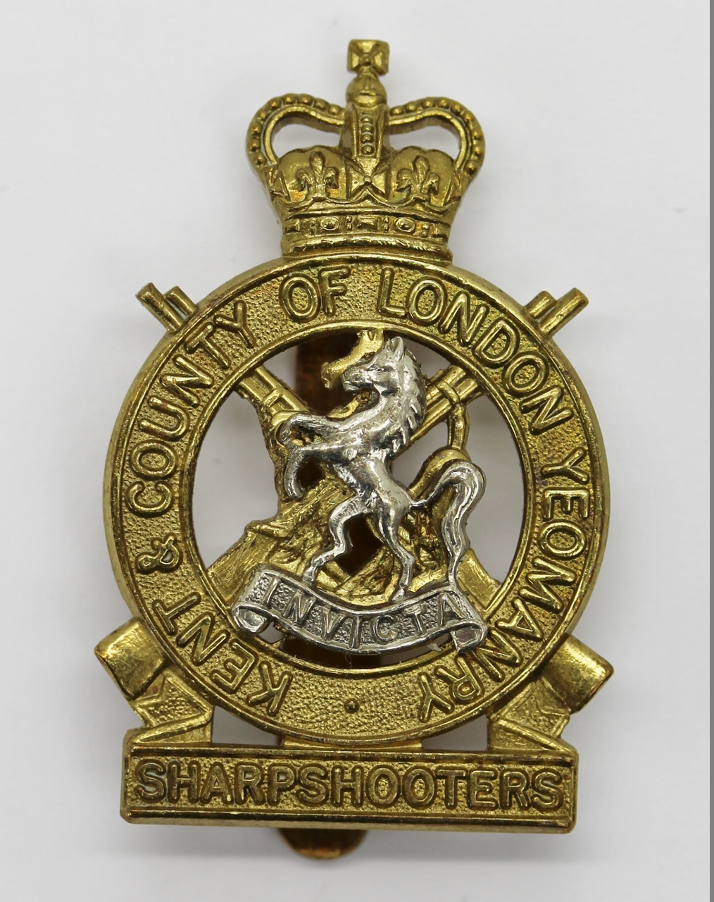 Kent & County of London Yeomanry (Sharpshooters) Bi-metal Cap Badge - Queen's Crown