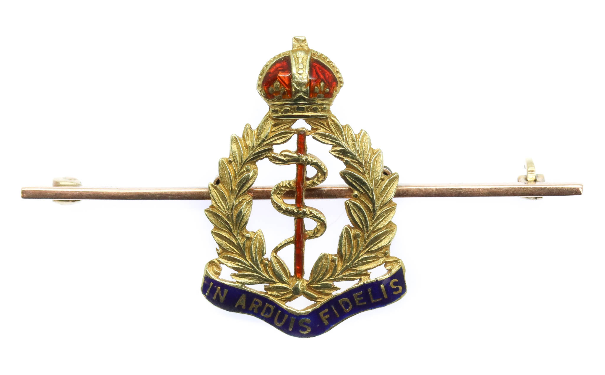 Royal Army Medical Corps (R.A.M.C.) 9ct Gold & Enamel Sweetheart Brooch - King's Crown 
