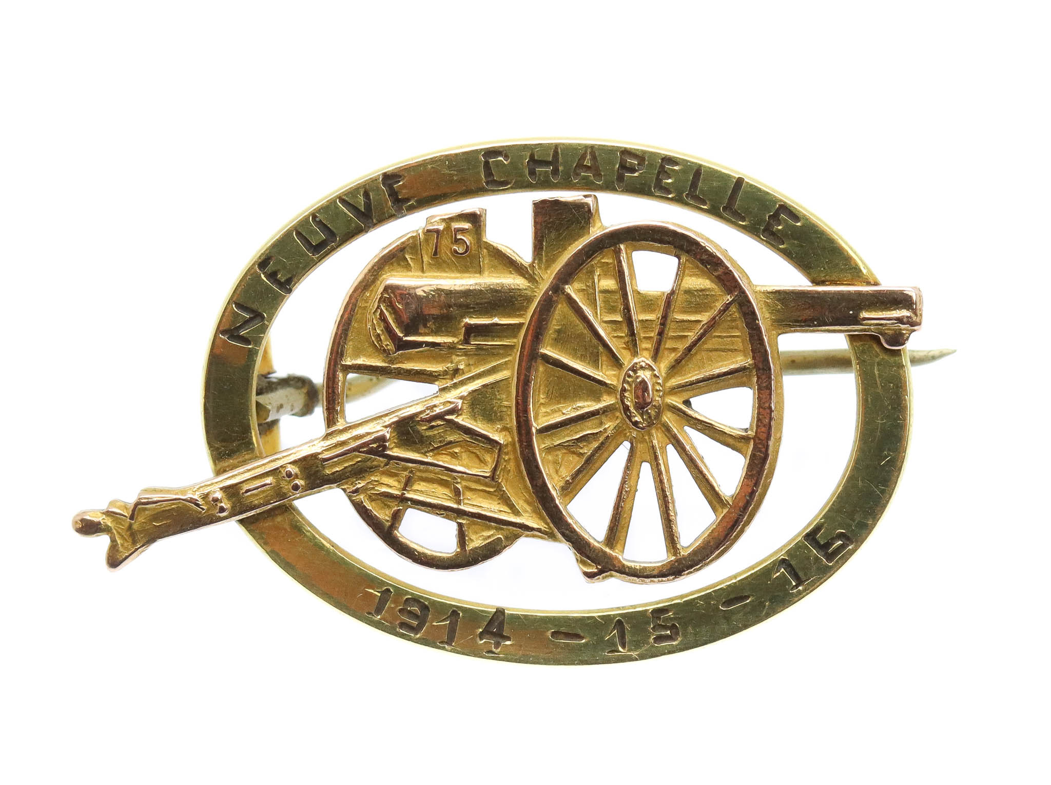 WW1 Neuve Chapelle 1914-15-16 Heavy Artillery 75 Gun Gold Plated Sweetheart Brooch