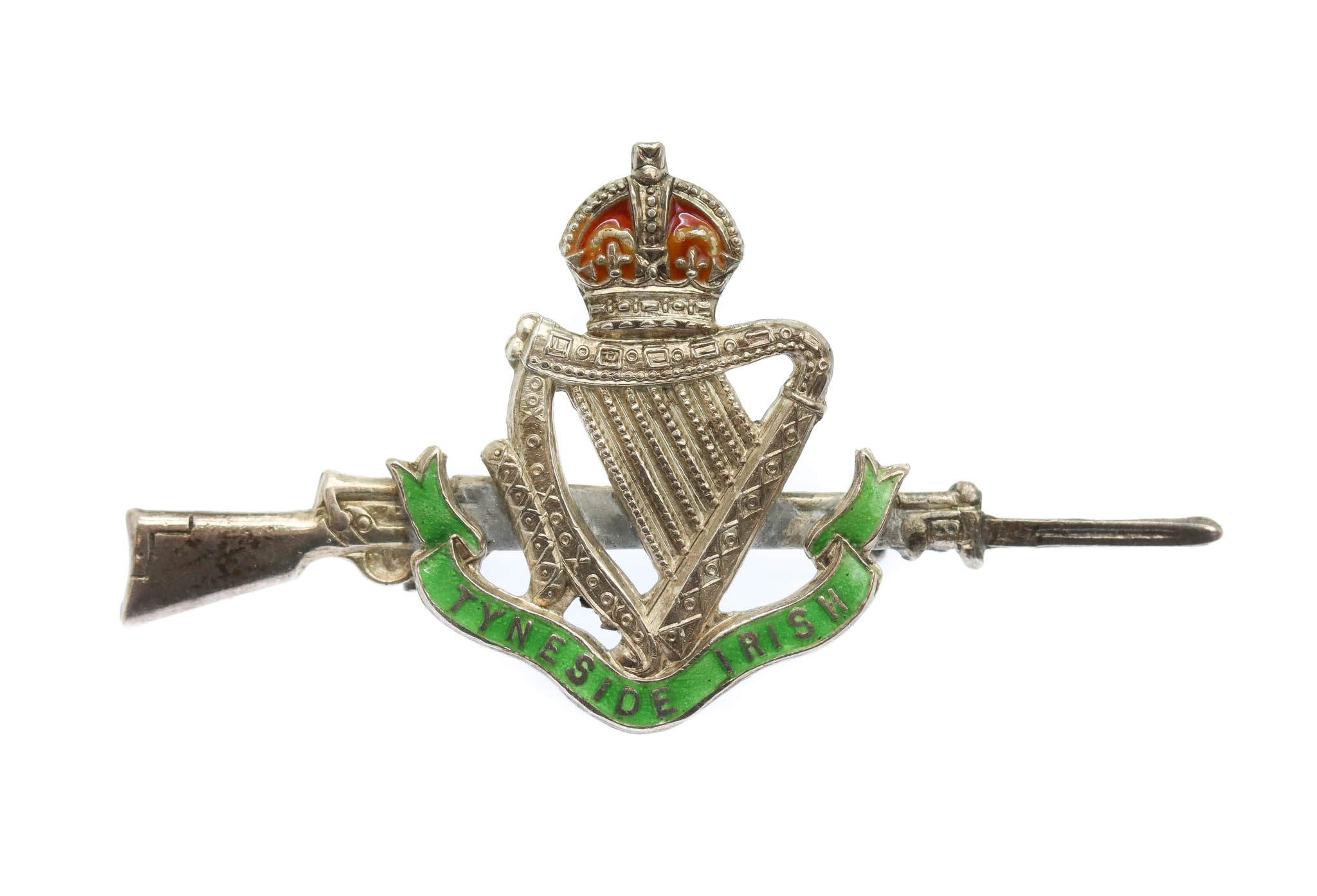 WW1 Tyneside Irish Sterling Silver & Enamel Rifle Sweetheart Brooch
