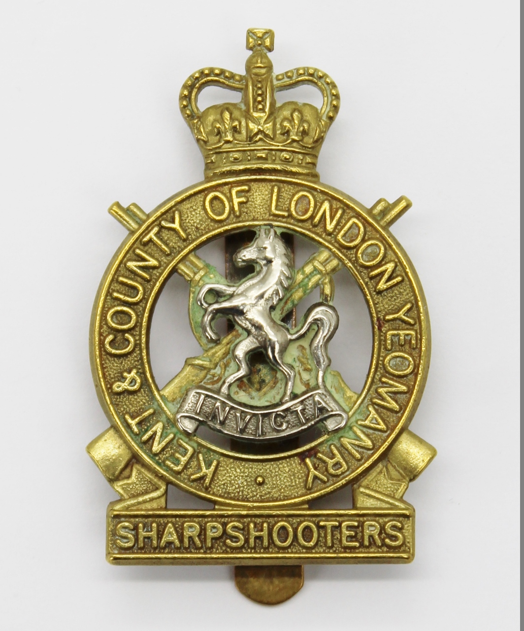 Kent & County of London Yeomanry (Sharpshooters) Bi-Metal Cap Badge - Queen's Crown