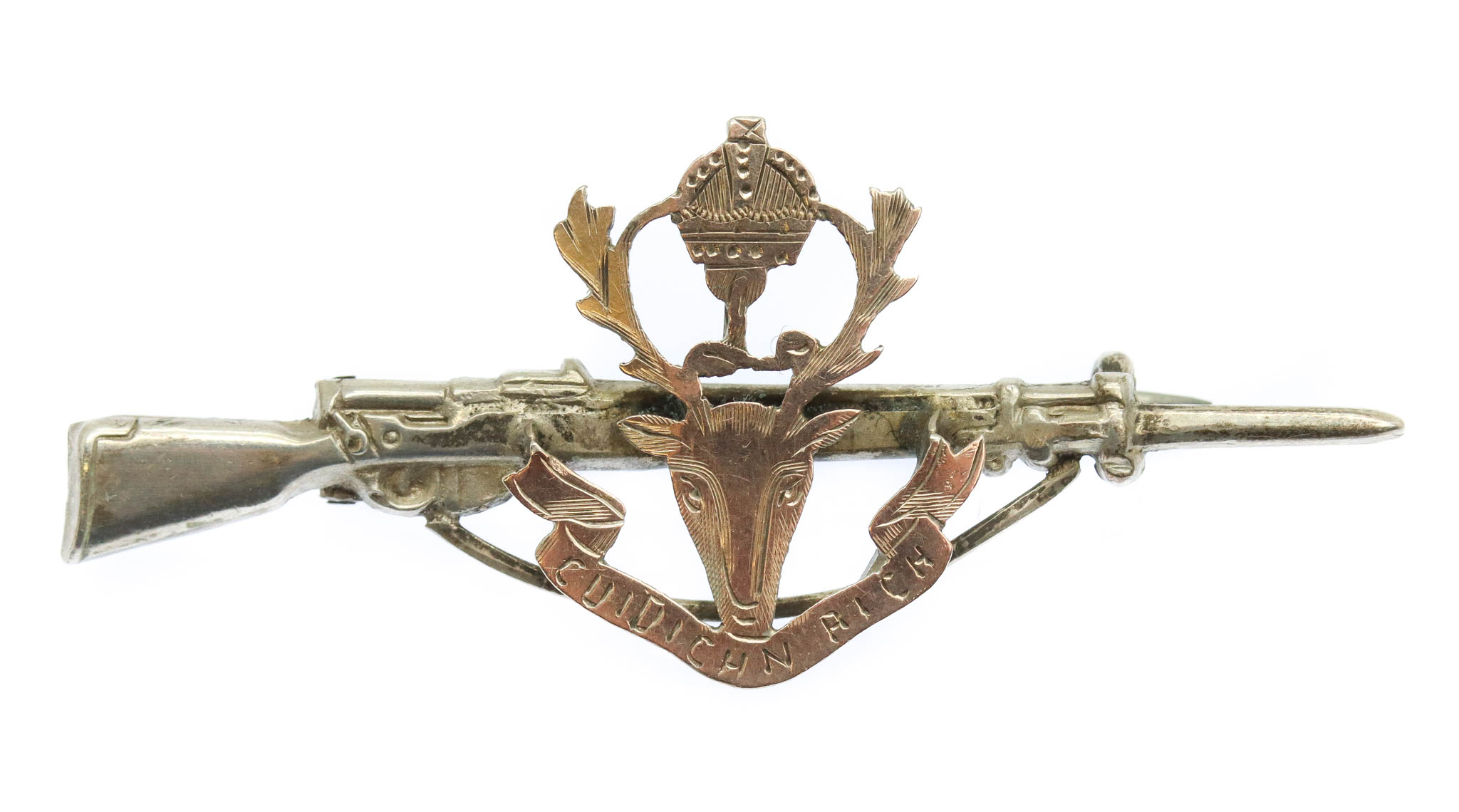 WW1 Seaforth Highlanders 1915 Hallmarked Silver Rifle Sweetheart Brooch