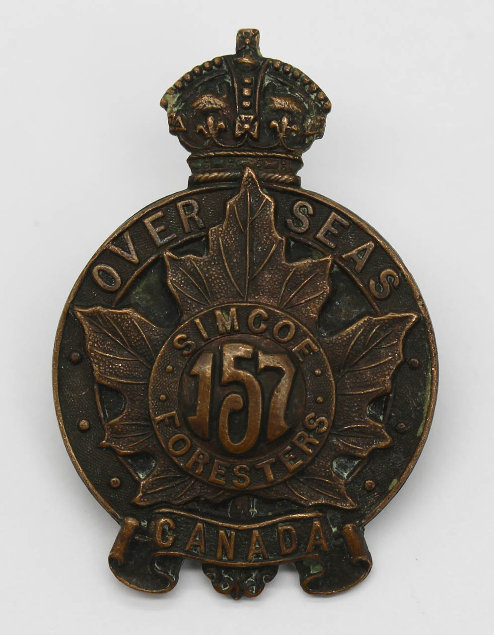 Canadian 157th (Simcoe Foresters) Infantry Bn. C.E.F. WWI Cap Badge