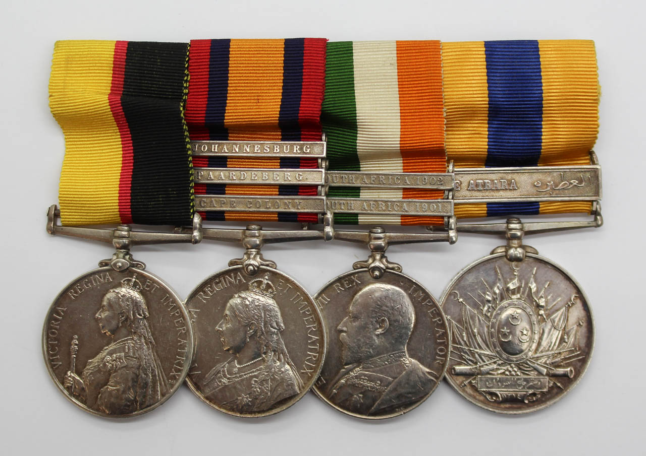 Queen's Sudan, QSA (Clasps - Cape Colony, Paardeberg, Johannesberg), KSA (Clasps - South Africa 1901, South Africa 1902) and Khedives Sudan (Clasps - The Atbara) Medal Group of Four - Serjt. J. Playle, Lincolnshire Regiment