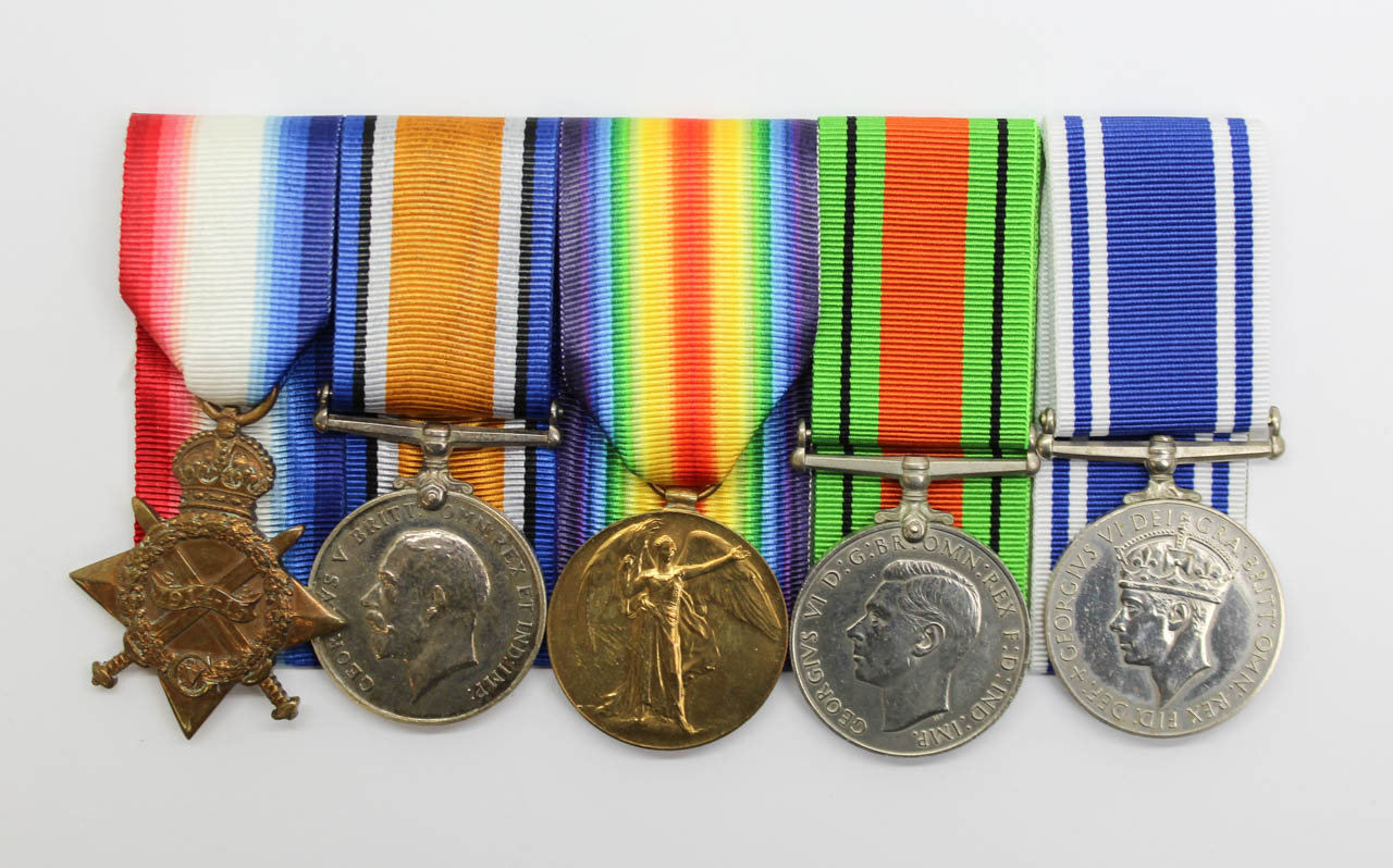WW1 1914-15 Star, British War Medal, Victory Medal, WW2 Defence Medal & George VI Police LS&GC Medal Group of Five - Gnr. H. Rice, Royal Garrison Artillery (Gallipoli)
