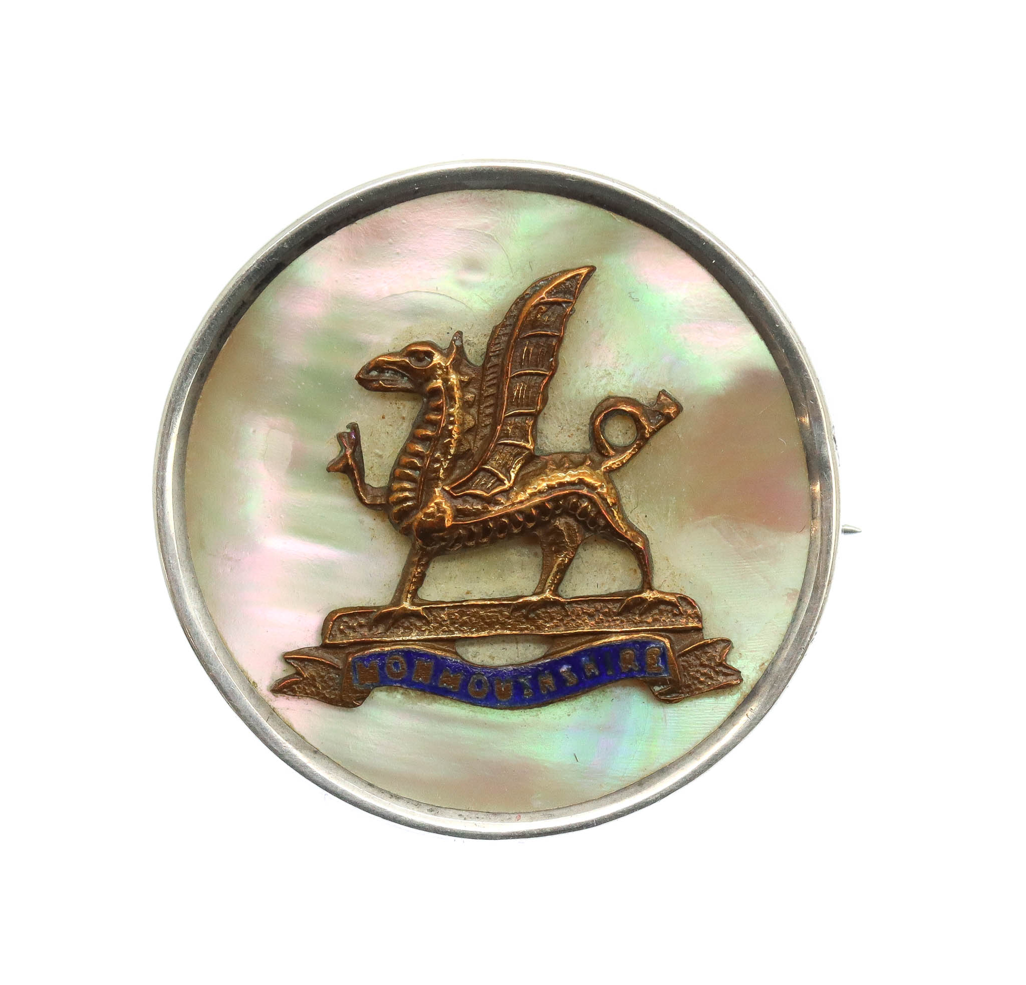 Monmouthshire Regiment Mother of Pearl and Silver Rim Sweetheart Brooch