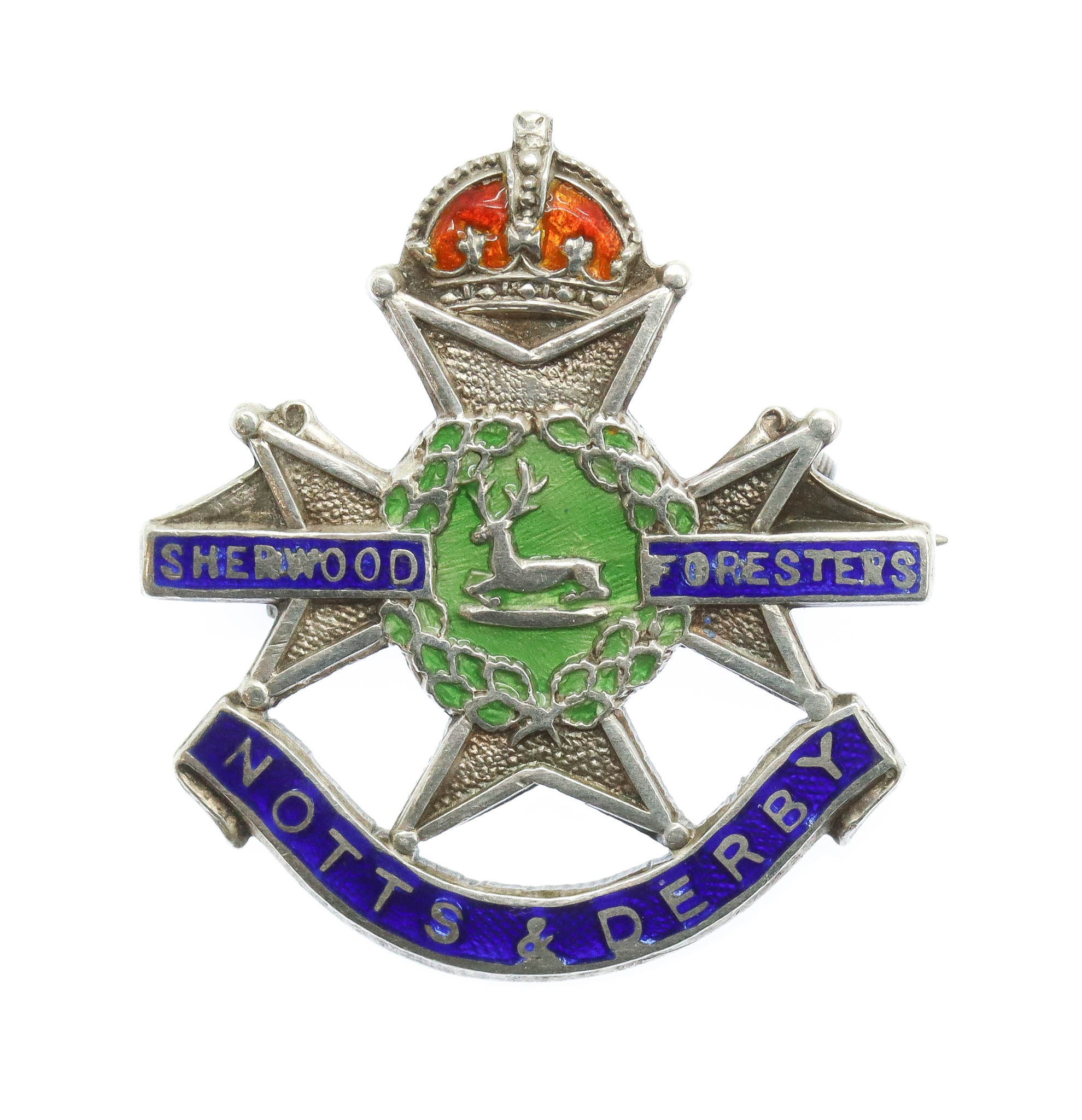 Notts & Derby Regiment Sterling Silver & Enamel Sweetheart Brooch - King's Crown