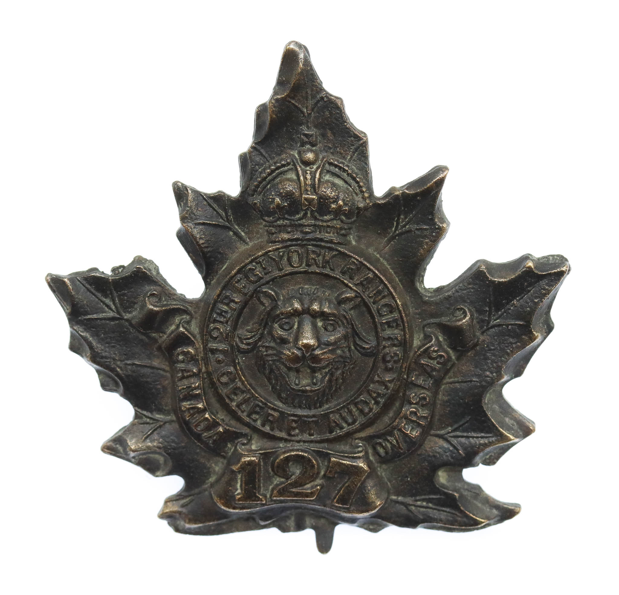 Canadian 127th (12th Regt. York Rangers) Infantry Bn. C.E.F. WWI Cap Badge
