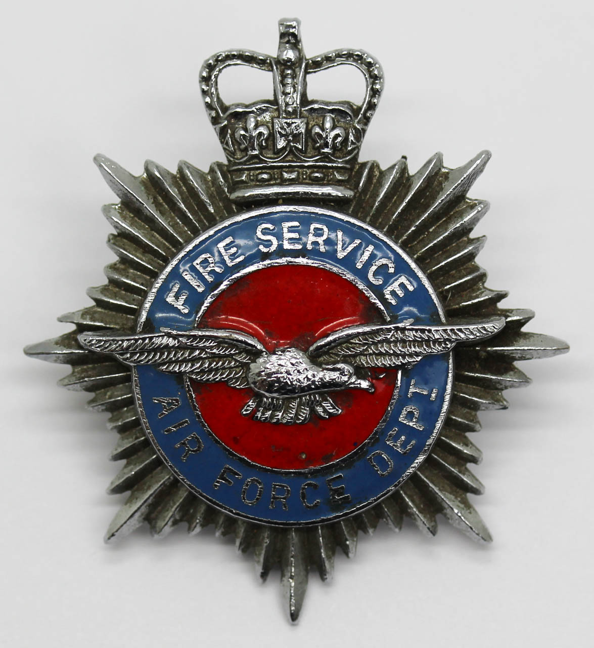 Air Force Department Fire Service Enamelled Cap Badge - Queen's Crown