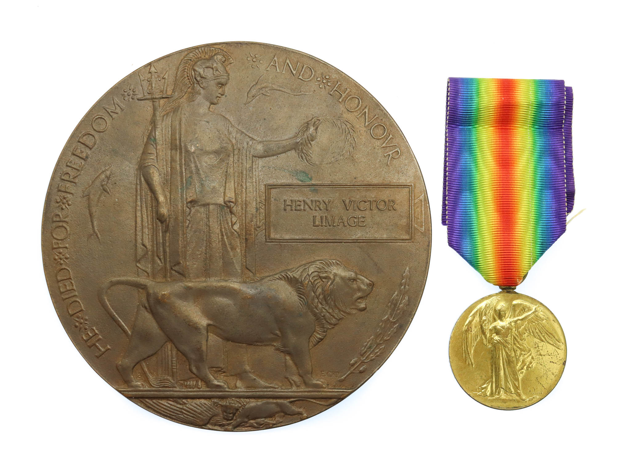 WW1 Victory Medal and Memorial Plaque - Pte. H.V. Limage, 1st/5th Bn. King's Own Yorkshire Light Infantry - K.I.A. 