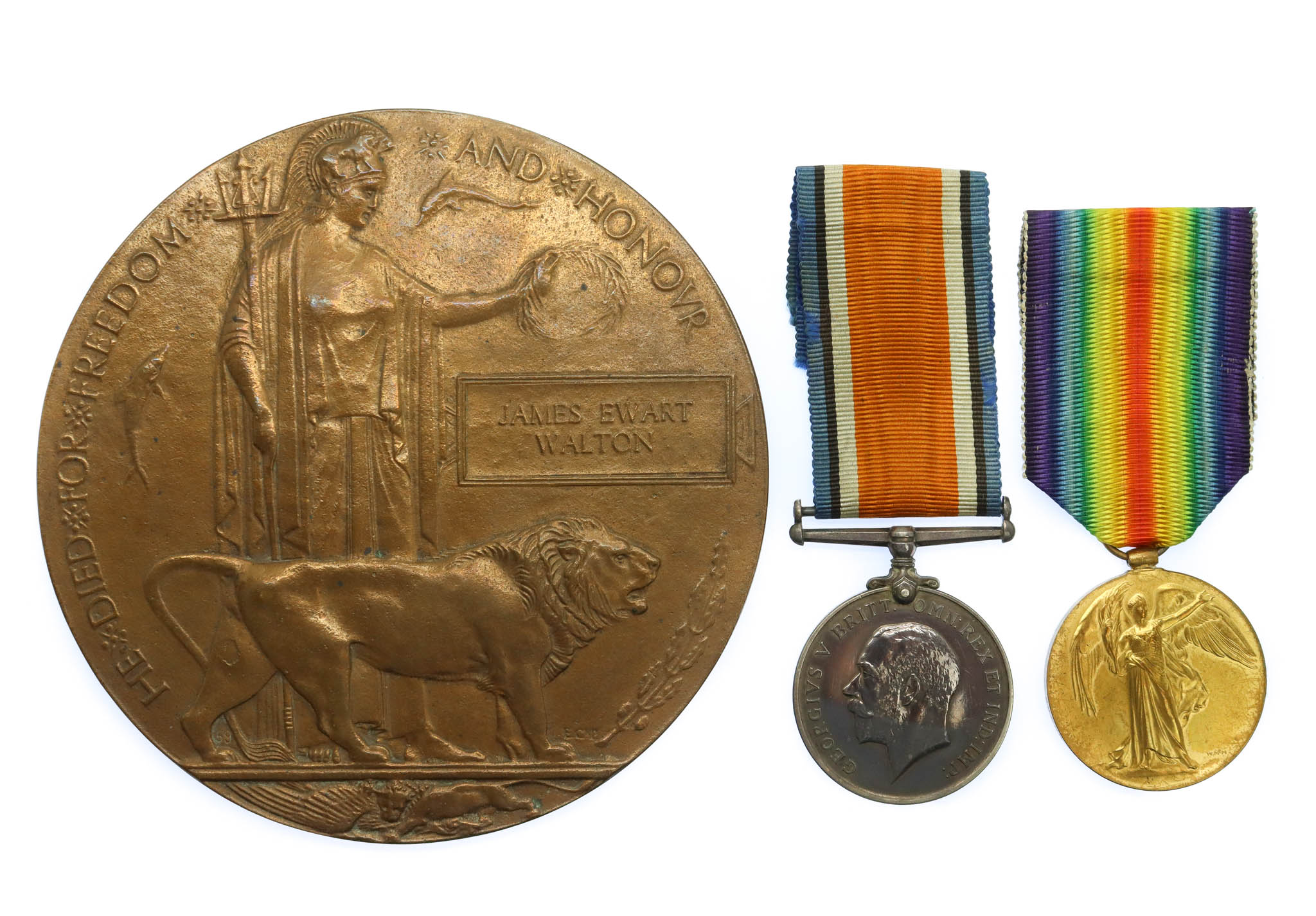 WW1 British War Medal, Victory Medal & Memorial Plaque - Pte. J.E. Walton, 2nd Bn. West Yorkshire Regiment - K.I.A.