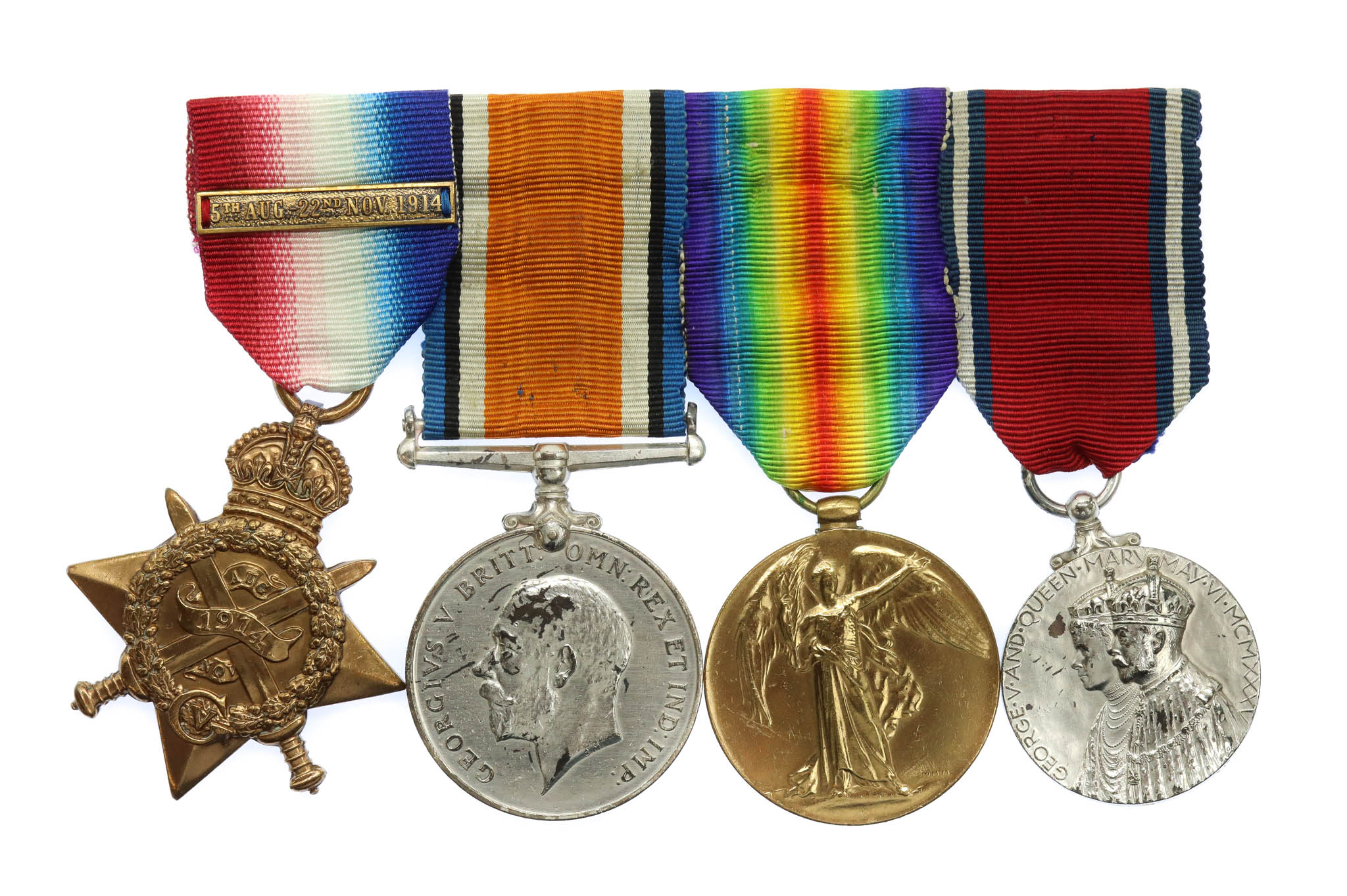 WW1 1914 Mons Star Trio and 1935 Silver Jubilee Medal Group of Four - Pte. R.E. Webb, Norfolk Regiment