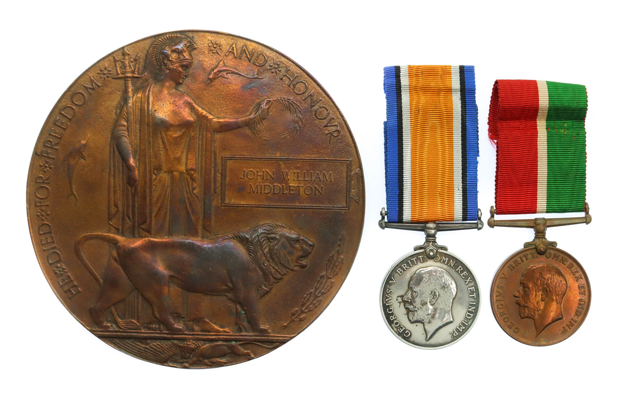 WW1 Mercantile Marine Medal Pair and Memorial Plaque - Mess Room Steward John William Middleton, S.S. Romeo
