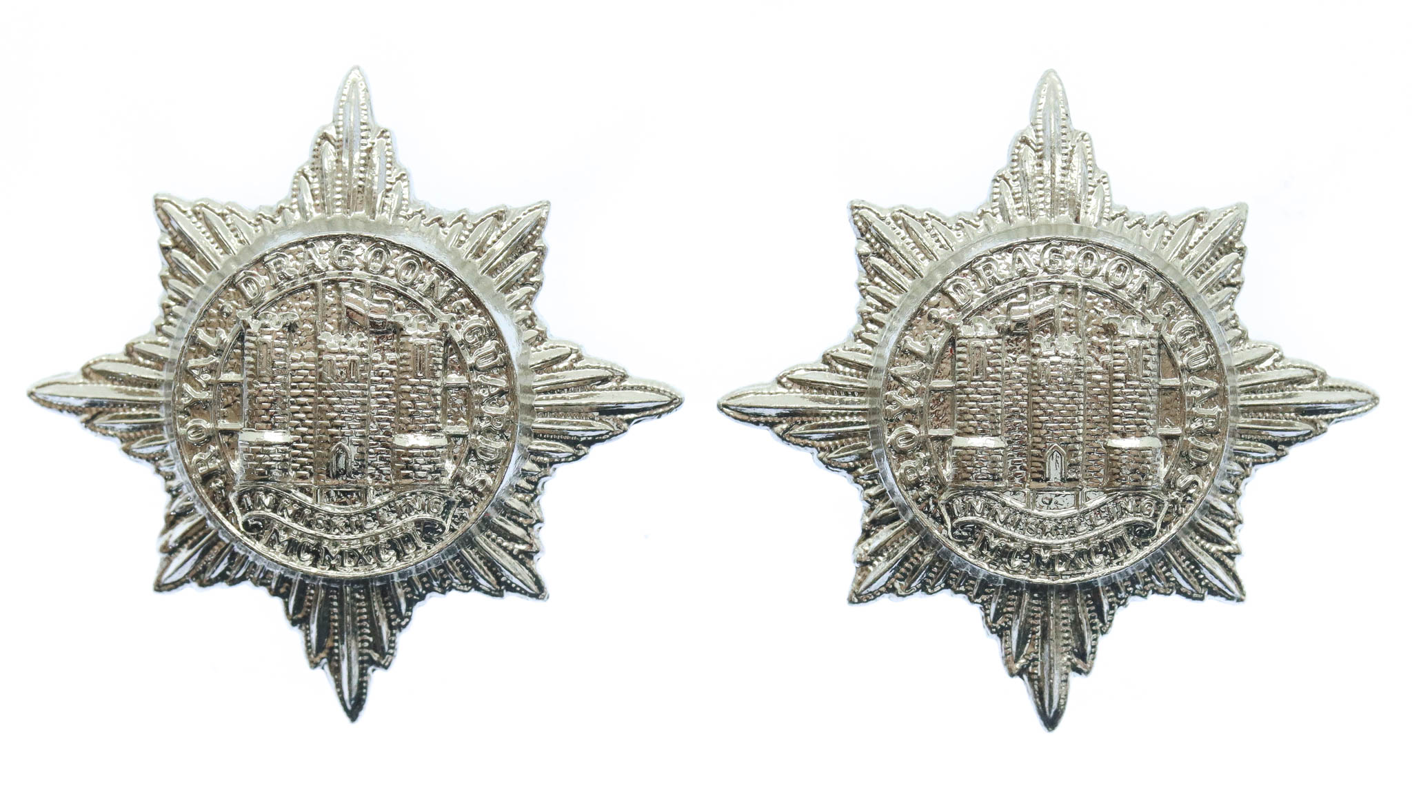 Pair of Royal Dragoon Guards Anodised (Staybrite) Collar Badges