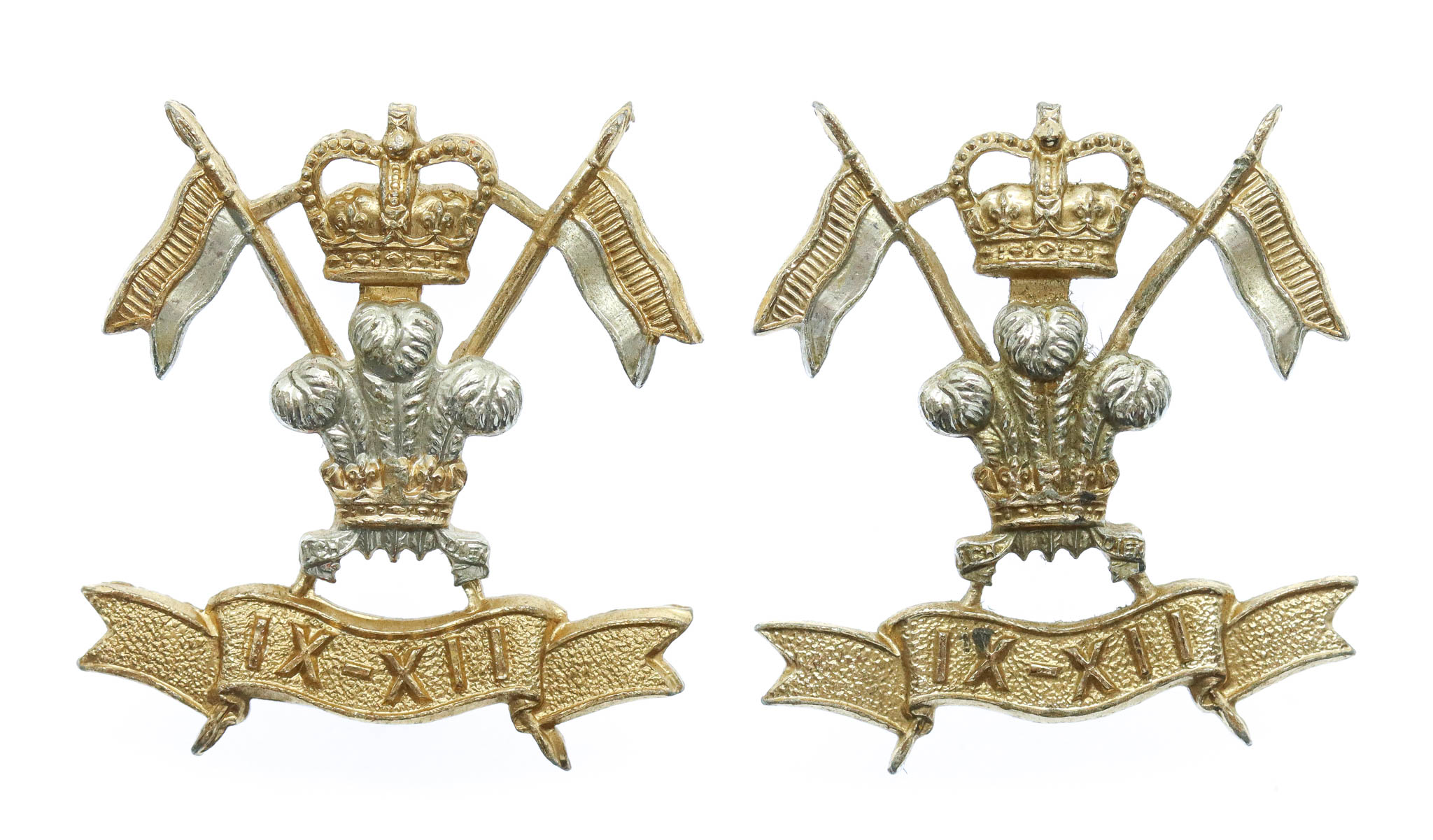 Pair of 9th/12th Royal Lancers Anodised (Staybrite) Collar Badges