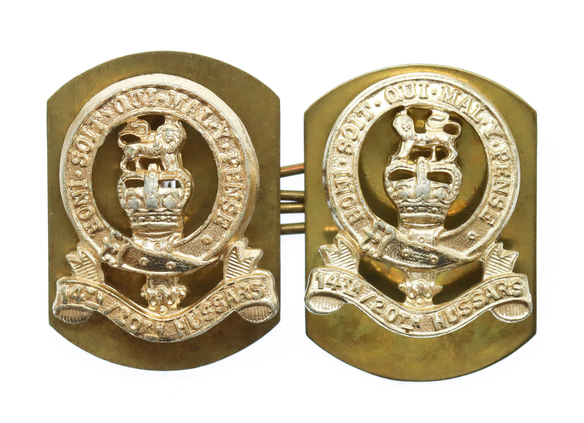 Pair of 14th/20th Hussars Anodised (Staybrite) Collar Badges