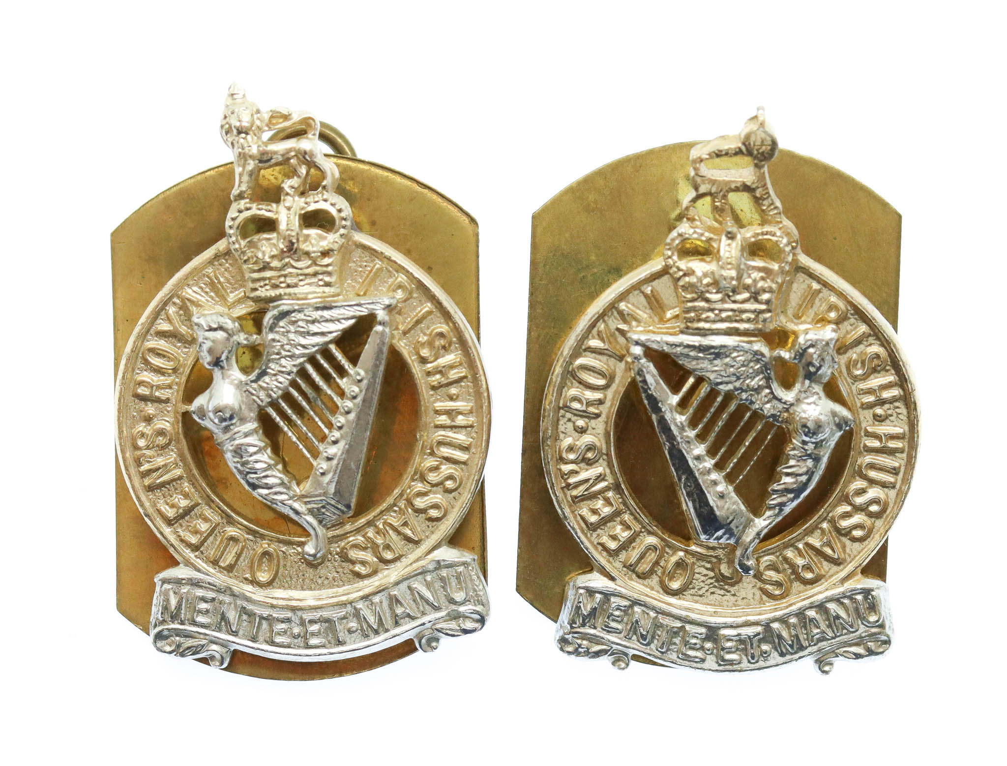 Pair of Queen's Royal Irish Hussars Anodised (Staybrite) Collar Badges