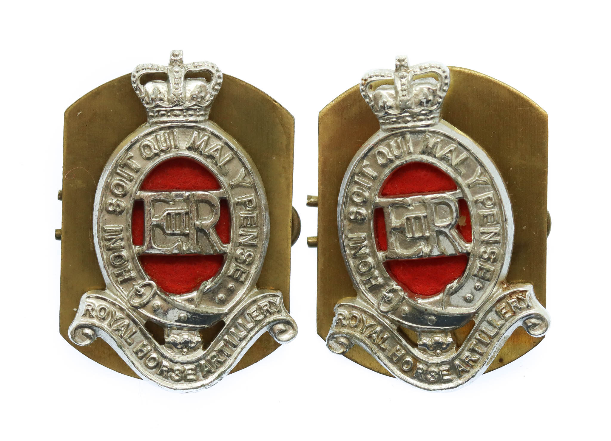 Pair of Royal Horse Artillery (R.H.A.) Anodised (Staybrite) Collar Badges