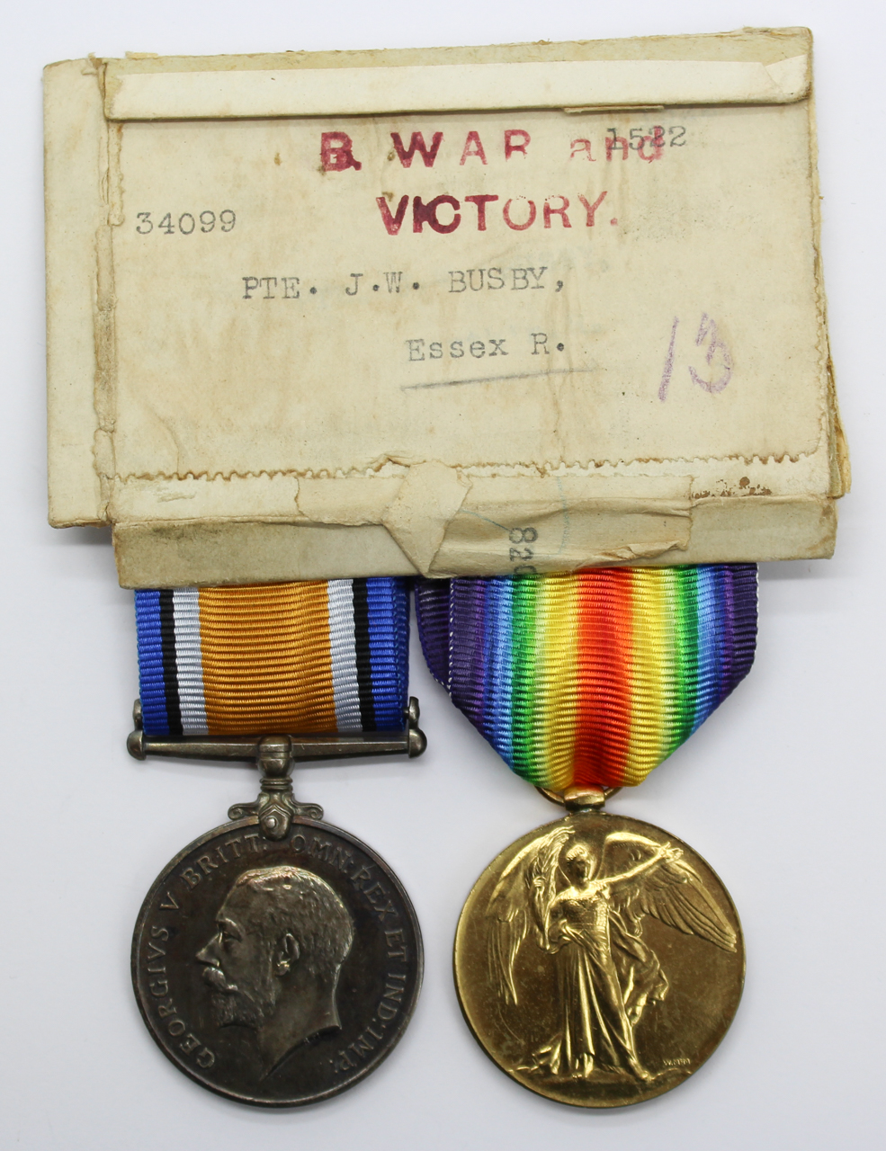 WW1 British War & Victory Medal Pair - Pte. J.W. Busby, Essex Regiment - Wounded