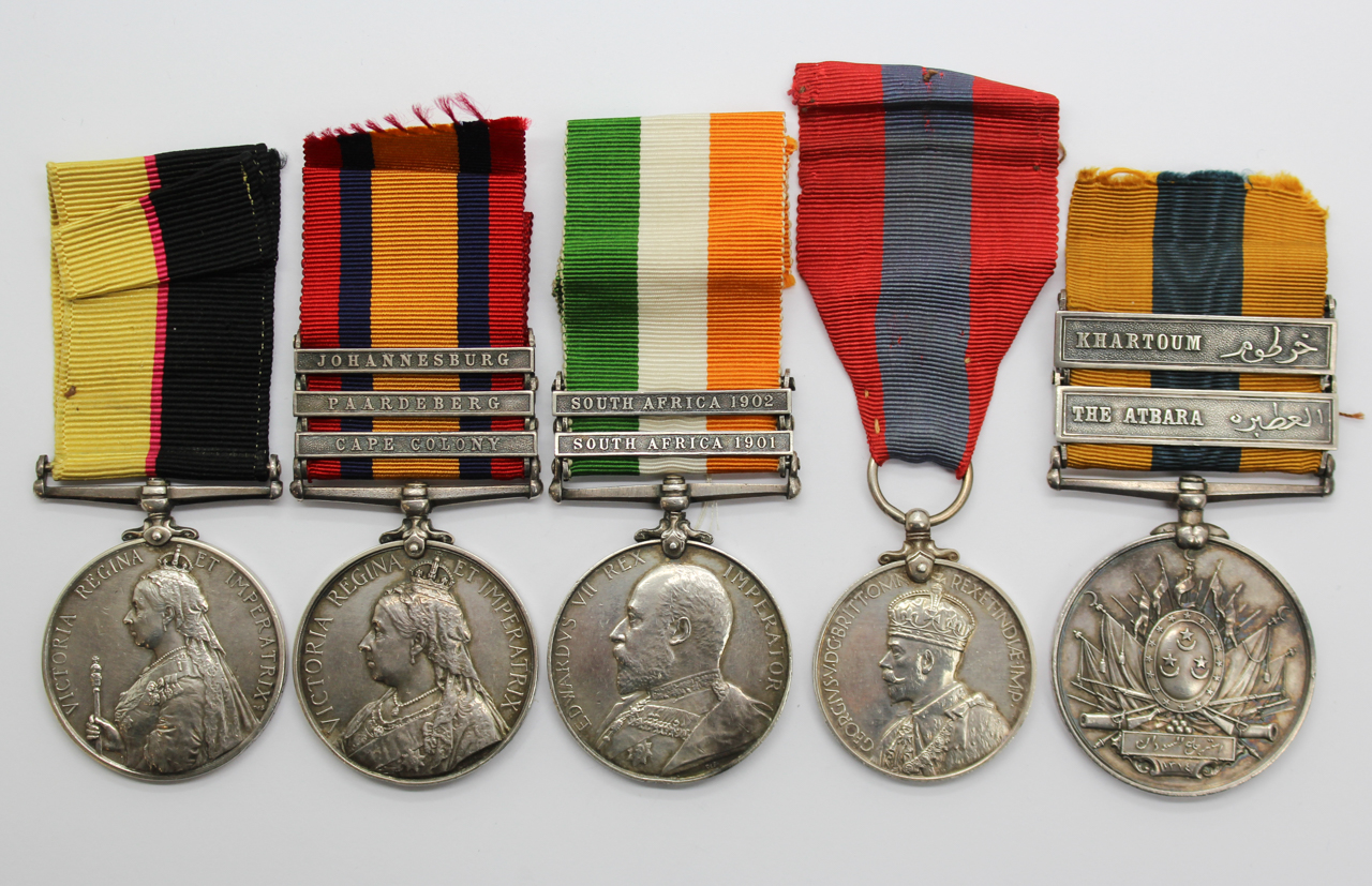 Queen's Sudan, QSA (Clasps - Cape Colony, Paardeberg, Johannesberg), KSA (Clasps - South Africa 1901, South Africa 1902), George V Imperial Service Medal and Khedives Sudan (Clasps - The Atbara, Khartoum) Medal Group of Five - Pte. C. Johnson, Lincolnshire Regiment