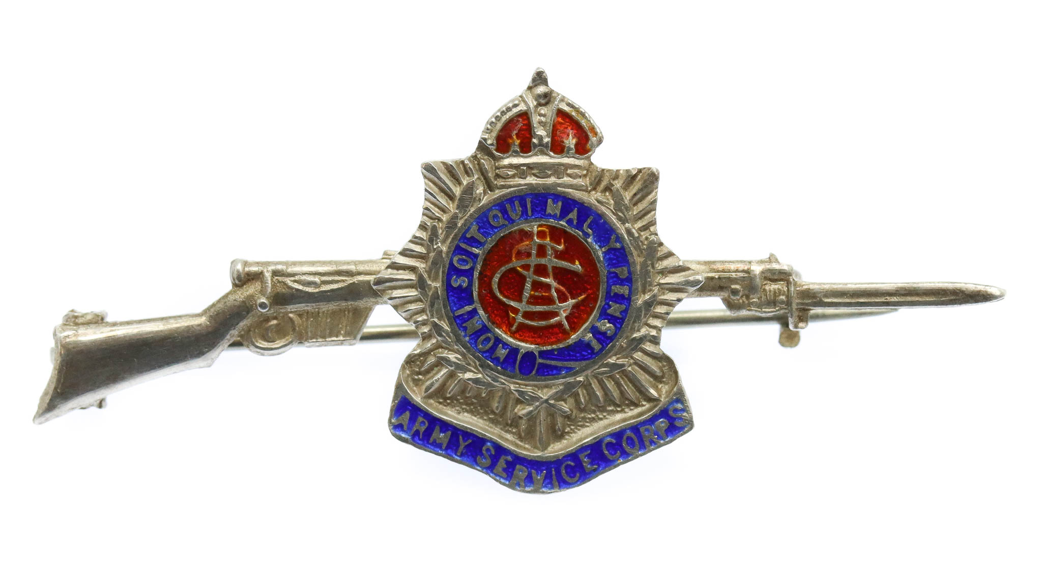 WWI Army Service Corps (A.S.C.) Sterling Silver & Enamel Rifle Sweetheart Brooch
