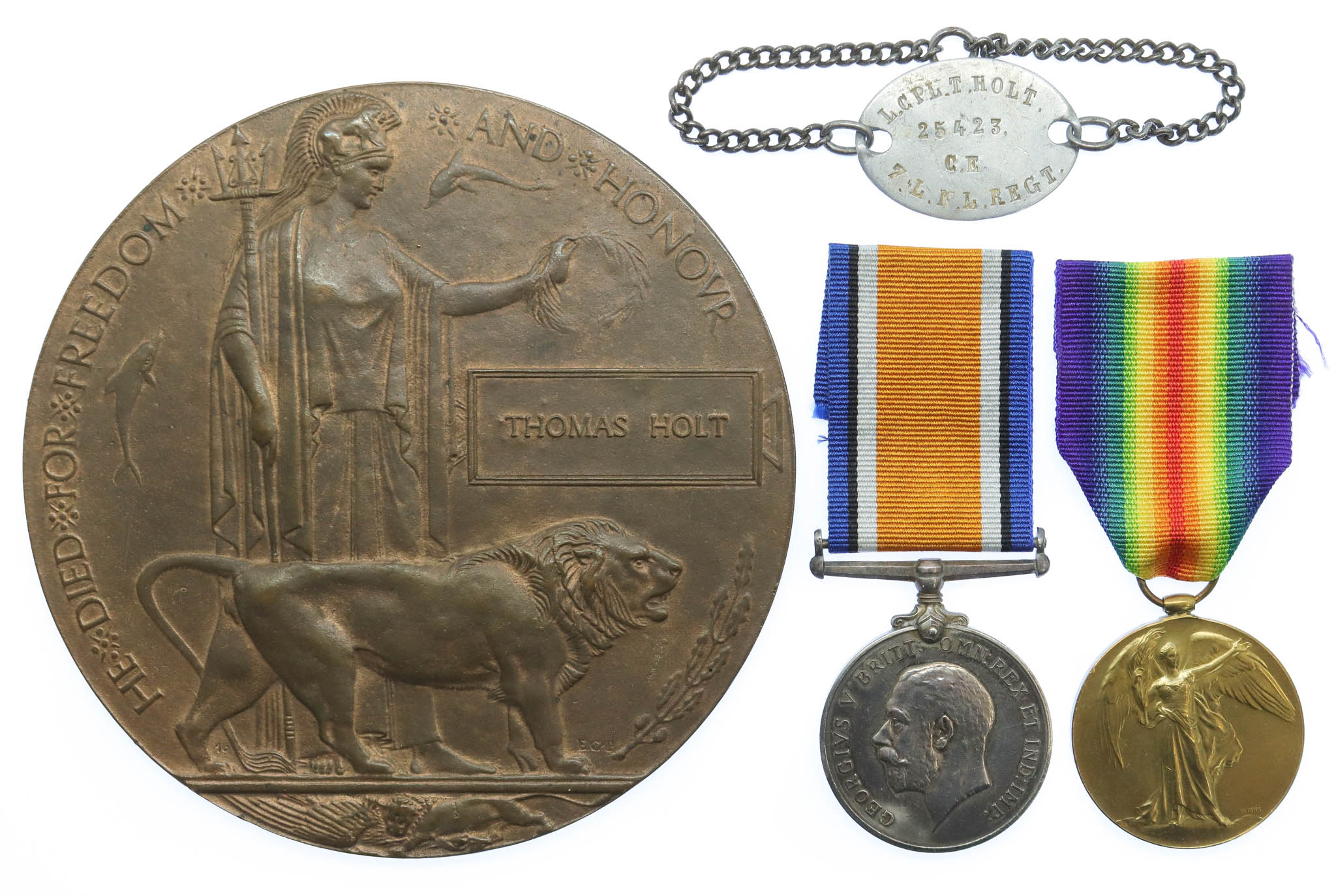WW1 British War Medal, Victory Medal and Memorial Plaque - L.Cpl. T. Holt, 7th Bn. Loyal North Lancashire Regiment - Died of Wounds