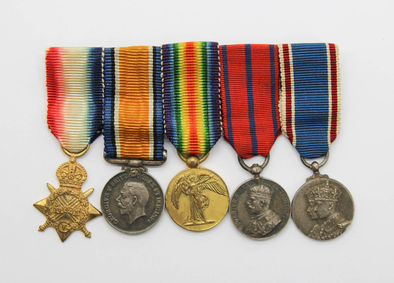 Contemporary Miniature WW1 1914-15 Star Trio, 1911 City of London Police Coronation Medal & 1937 Coronation Medal Group of Five