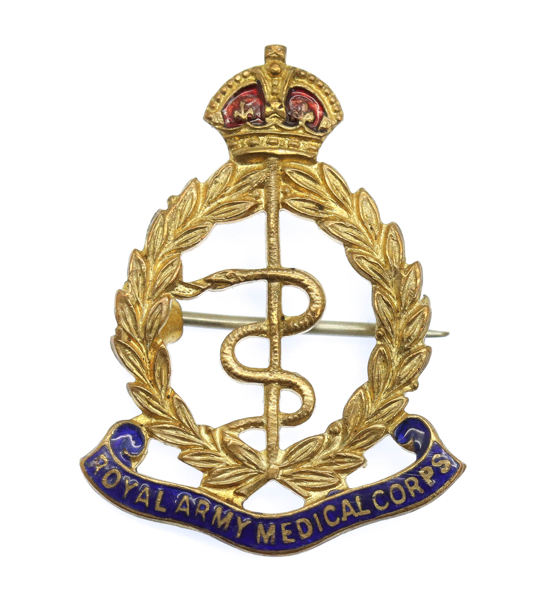 Royal Army Medical Corps (R.A.M.C.) Brass & Enamel Sweetheart Brooch - King's Crown