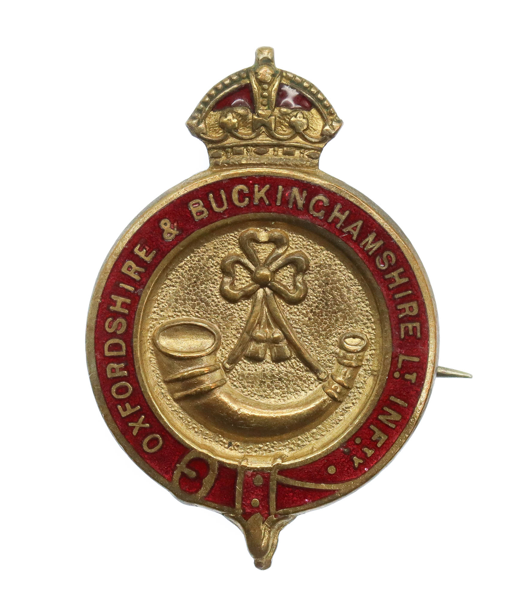 Oxfordshire & Buckinghamshire Light Infantry Brass & Enamel Sweetheart Brooch - King's Crown
