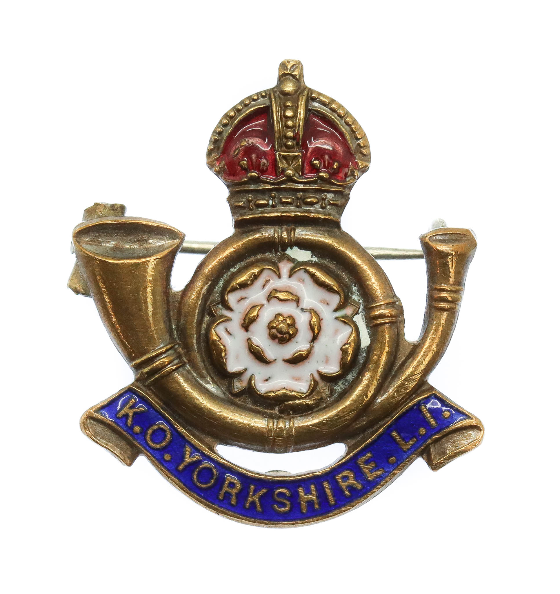 King's Own Yorkshire Light Infantry (K.O.Y.L.I.) Brass & Enamel Sweetheart Brooch - King's Crown