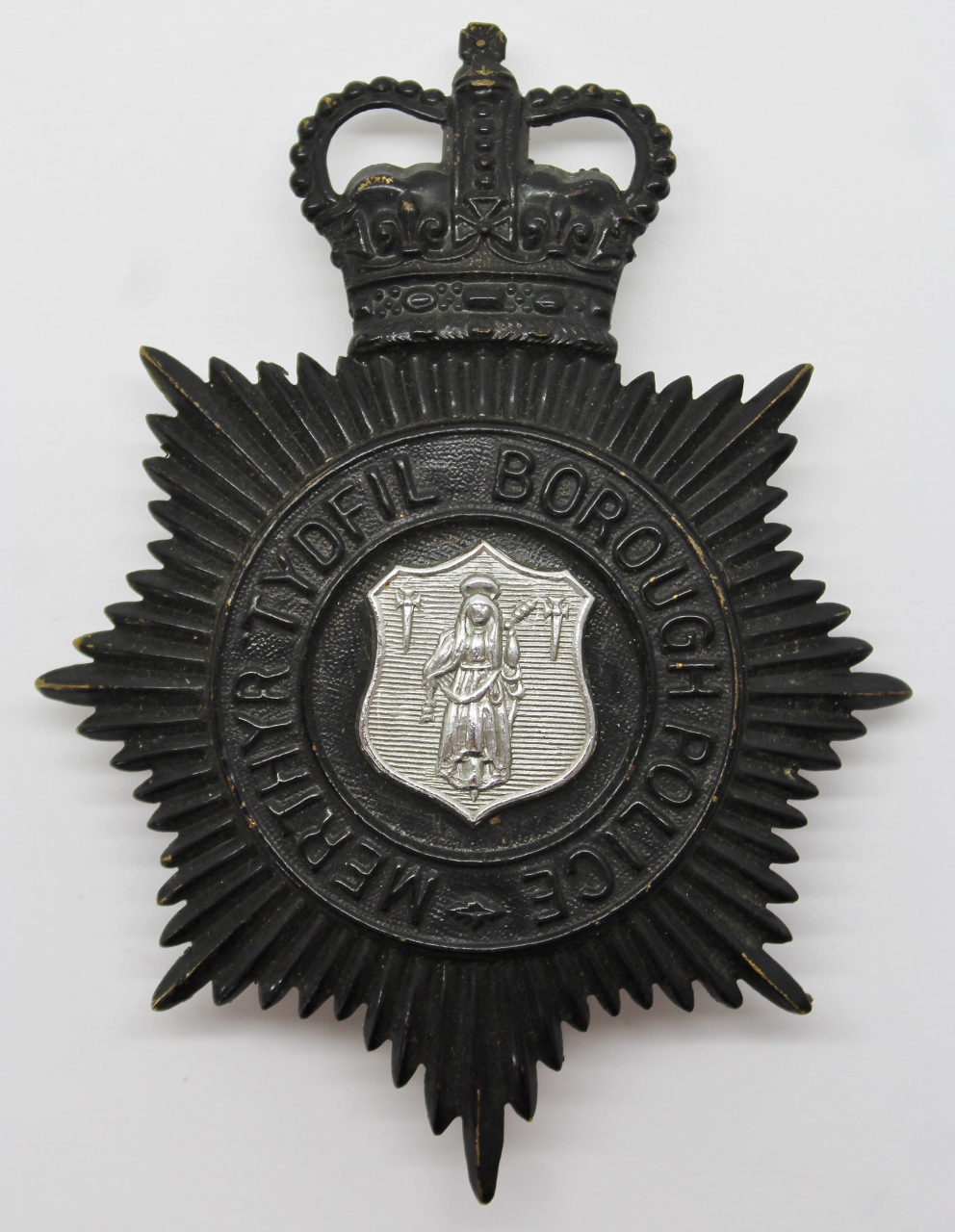 Merthyr Tydfil Borough Police Night Helmet Plate - Queen's Crown