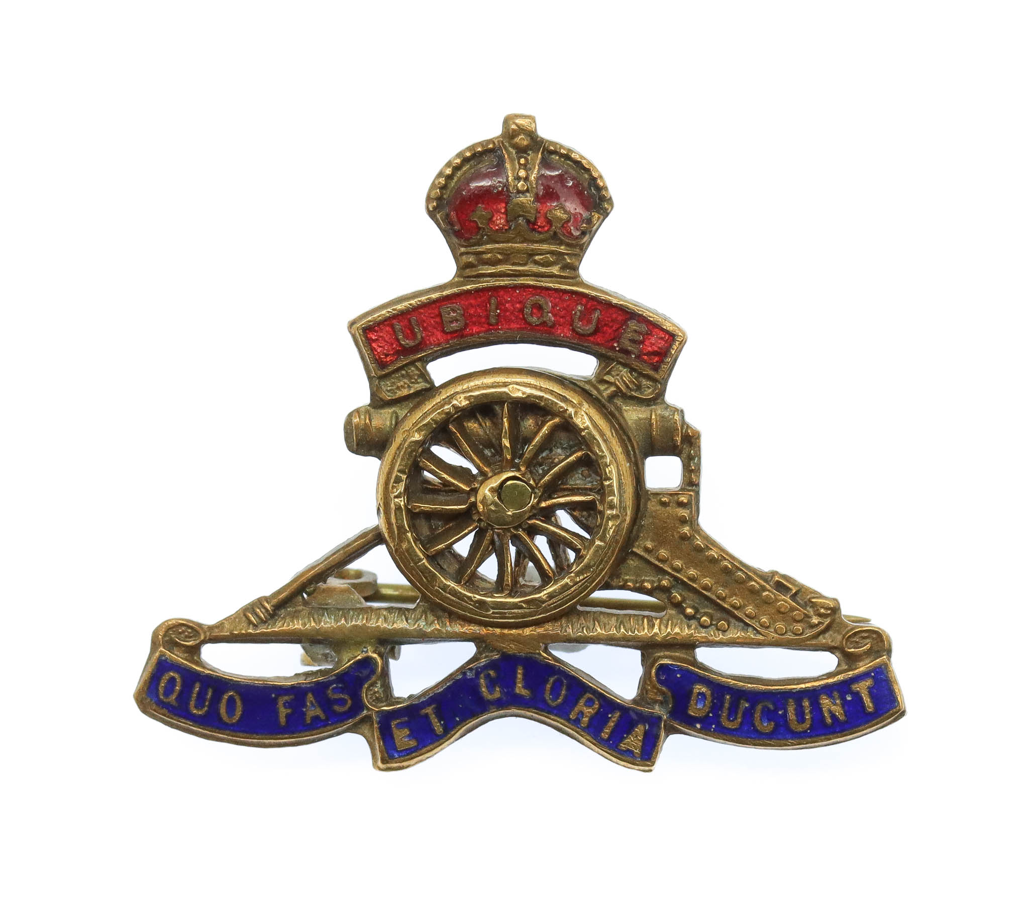 WW1 Royal Artillery Brass & Enamel Sweetheart Brooch (Revolving Wheel).
