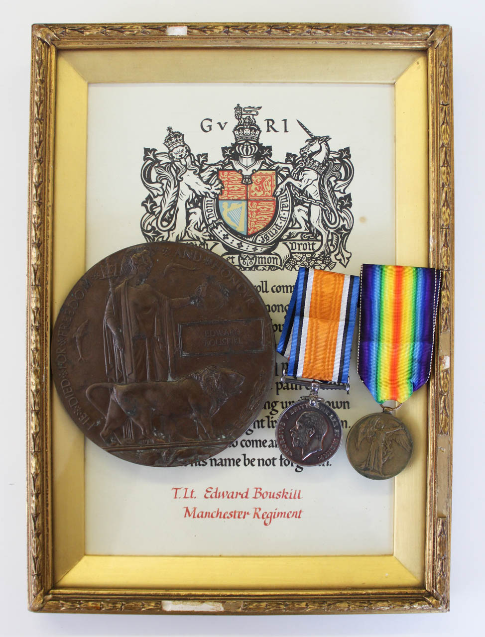 WW1 British War Medal, Victory Medal, Memorial Plaque (Death Penny) & Memorial Scroll - Lieut. E. Bouskill, 21st (6th City Pals) Bn. Manchester Regiment - K.I.A.