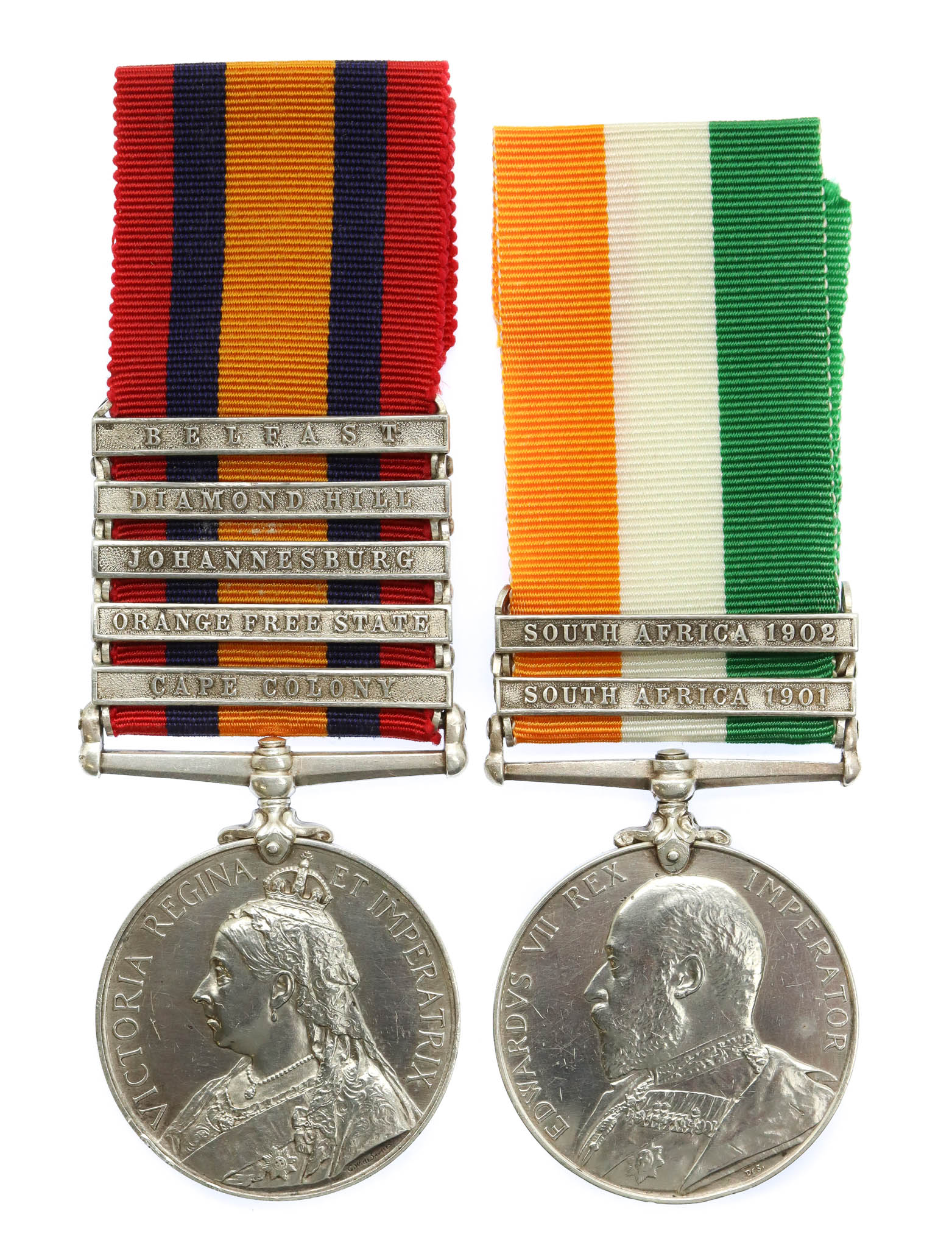 Queen's South Africa Medal (Clasps - Cape Colony, Orange Free State, Johannesburg, Diamond Hill, Belfast) and King's South Africa Medal (Clasps - South Africa 1901, South Africa 1902) - Pte. W.A. Westerman, Grenadier Guards