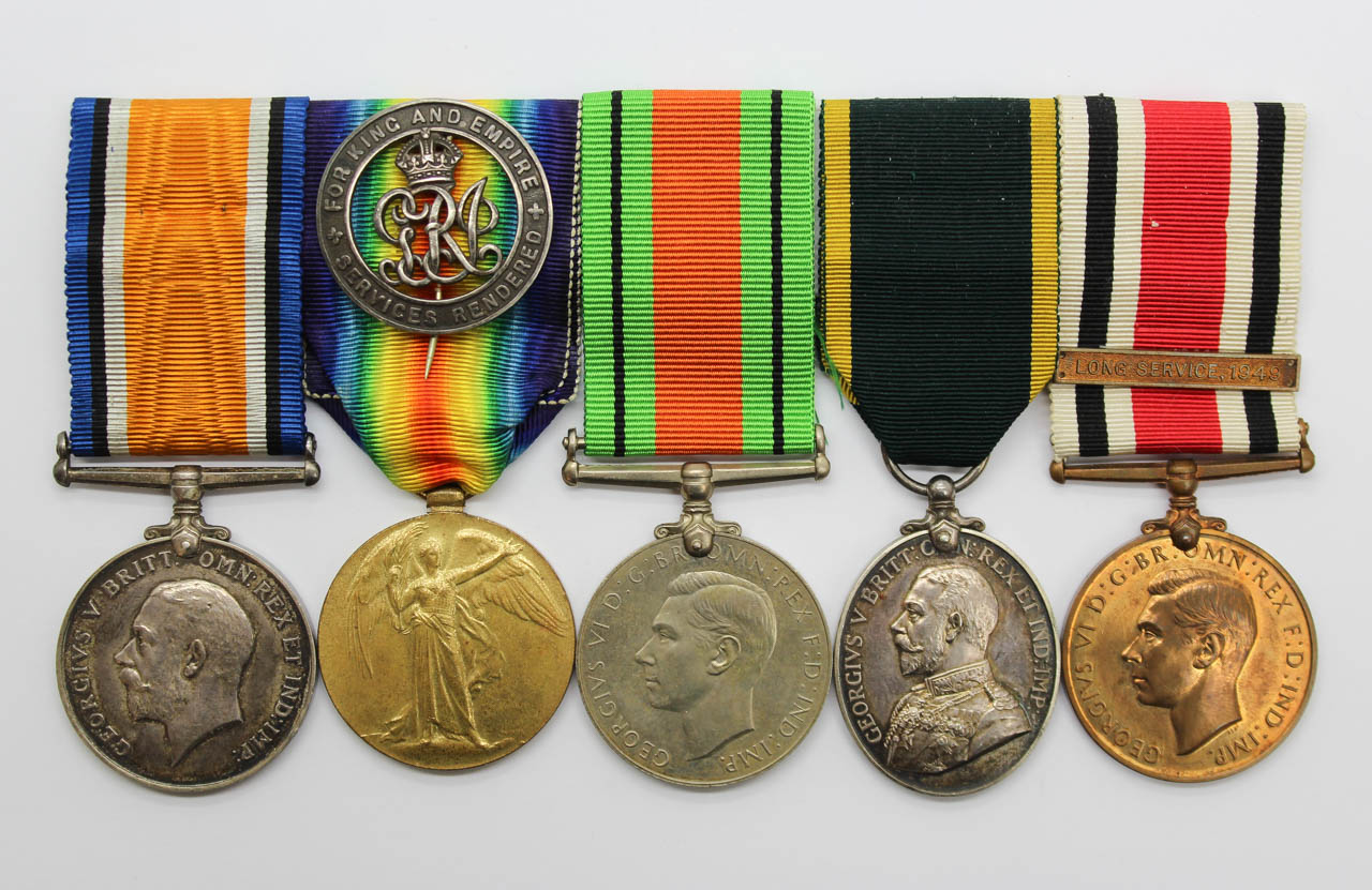 WW1 British War & Victory, WW2 Defence Medal, George V Territorial Efficiency Medal & George VI Special Constabulary Medal (Bar - Long Service 1949) Medal Group of Five with Silver War Badge - Pte. J. Corby, Lincolnshire Regiment - Wounded In Action