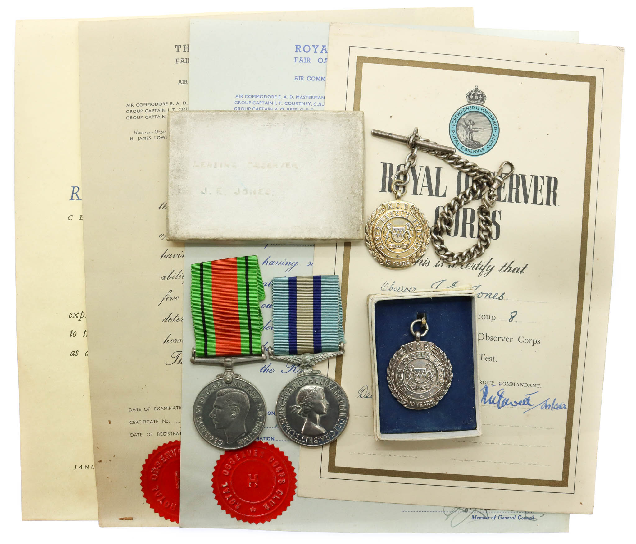 WW2 Defence Medal & EIIR Royal Observer Corps Medal Pair with 2 Hallmarked Silver Doncaster Rescue Station Mines Rescue Service Medallions - Leading Observer J.E. Jones