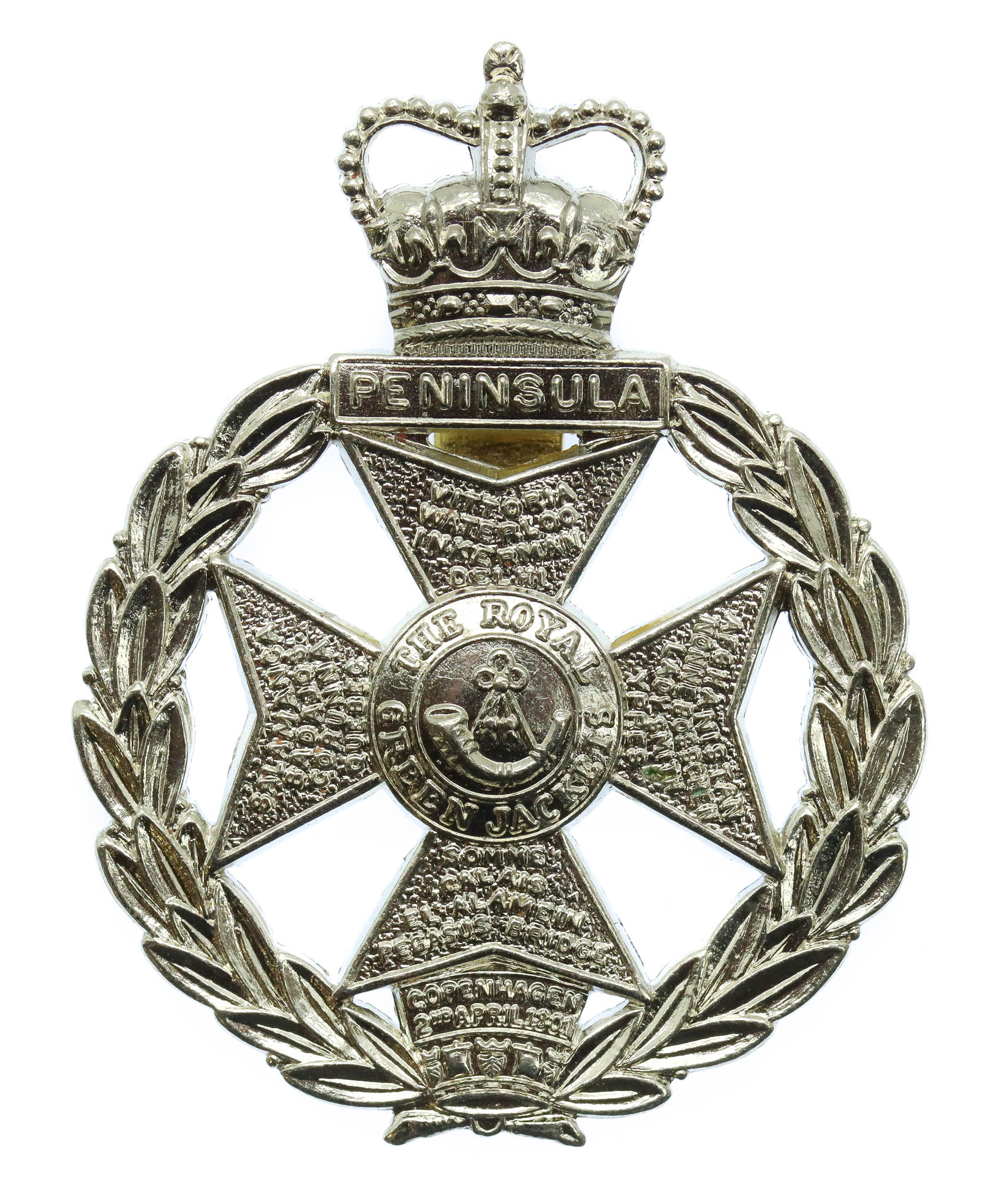 Royal Green Jackets White Metal Cap Badge - Queen's Crown