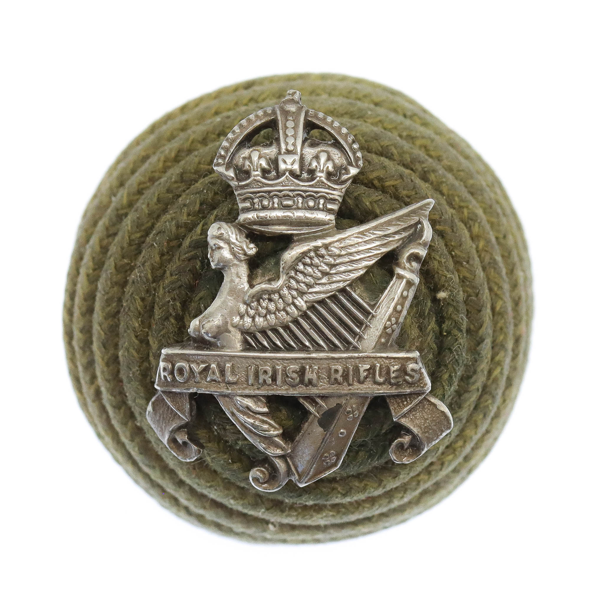 Royal Irish Rifles Officer's Green Cord Cap Boss Badge - King's Crown (c.1901-20)
