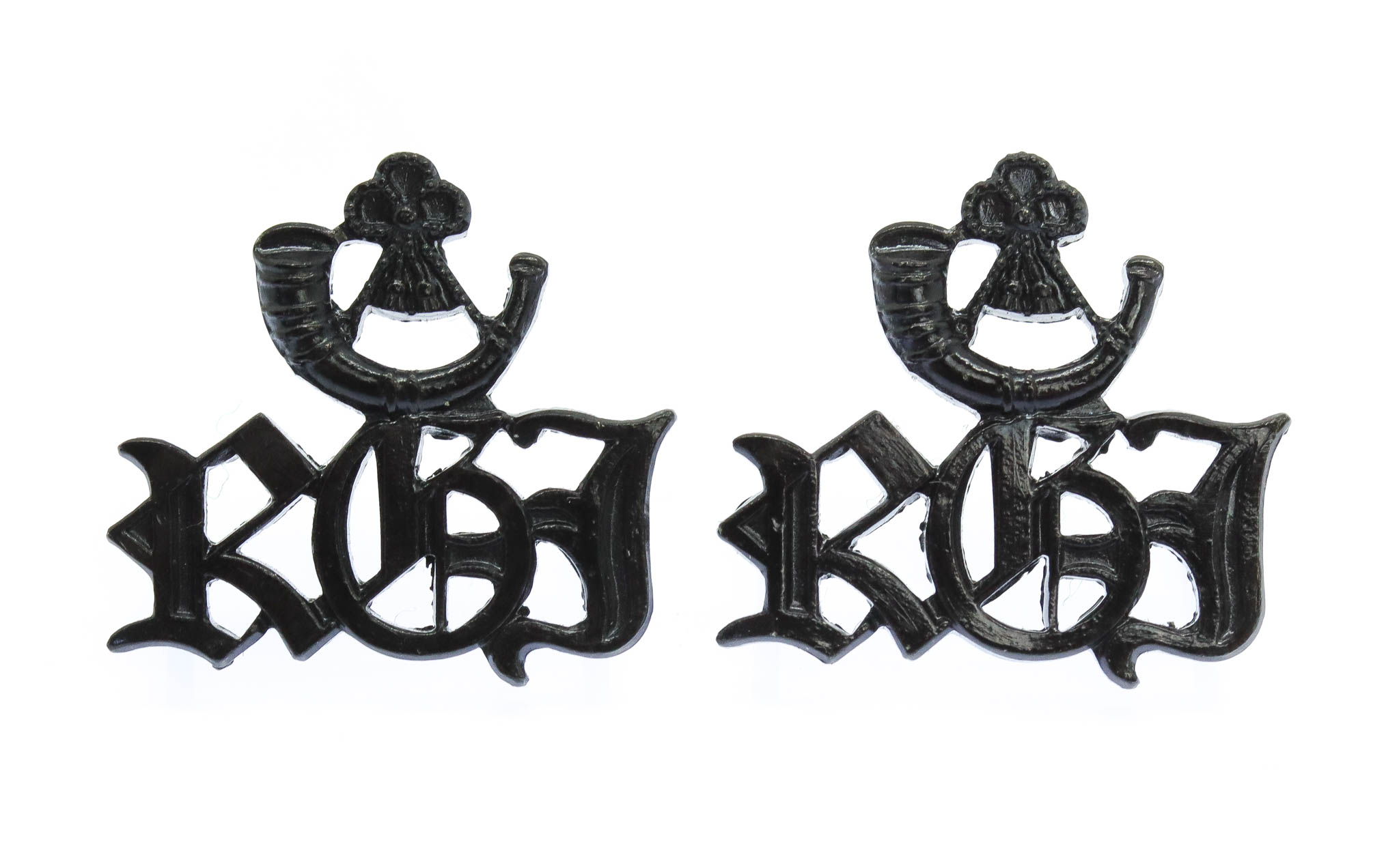 Pair of Royal Green Jackets (Bugle/RGJ) Black Anodised (Staybrite) Shoulder Titles